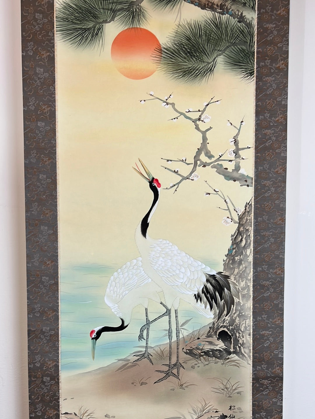 Japanese Scroll Hand Painted on Silk Showa Era Pair of Cranes 71"