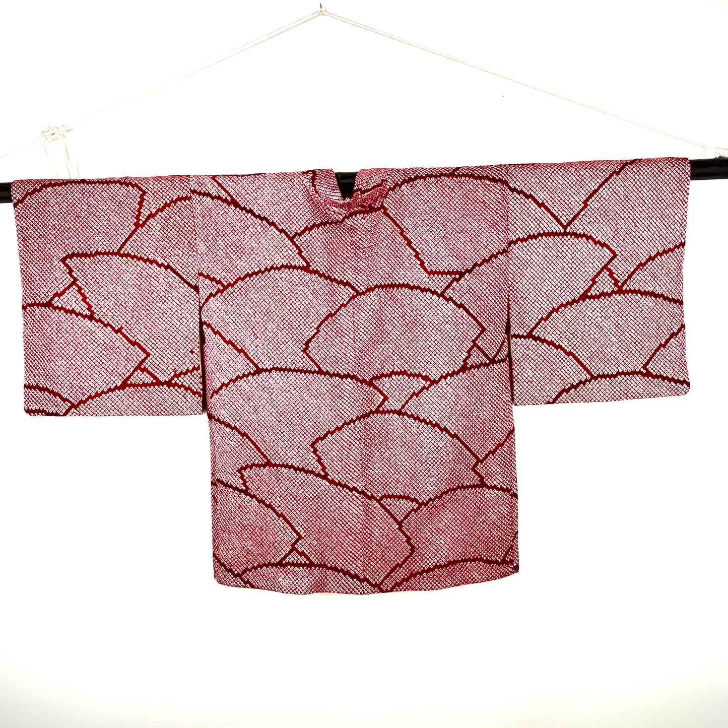 Vintage Japanese Silk Haori Coat in Shibori Tie-dye Bright Red Fan Pattern 28"L