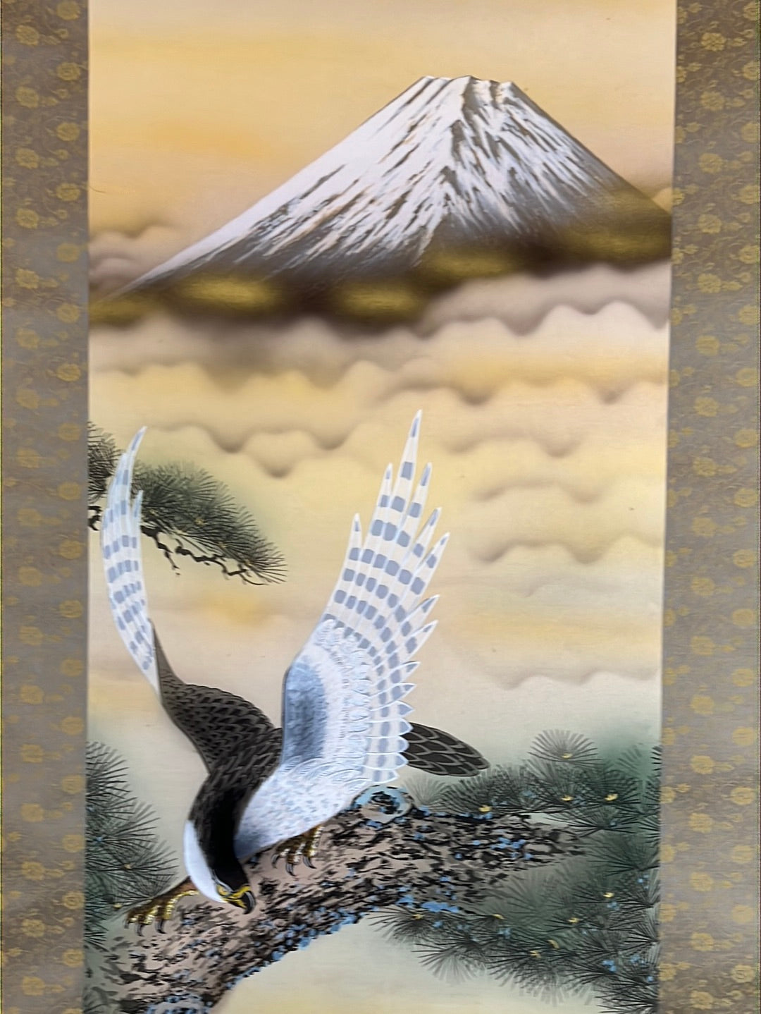 Japanese Vintage Scroll Kakejiku Hand Painted on Silk Showa Era Falcon & Mt Fuji 73"