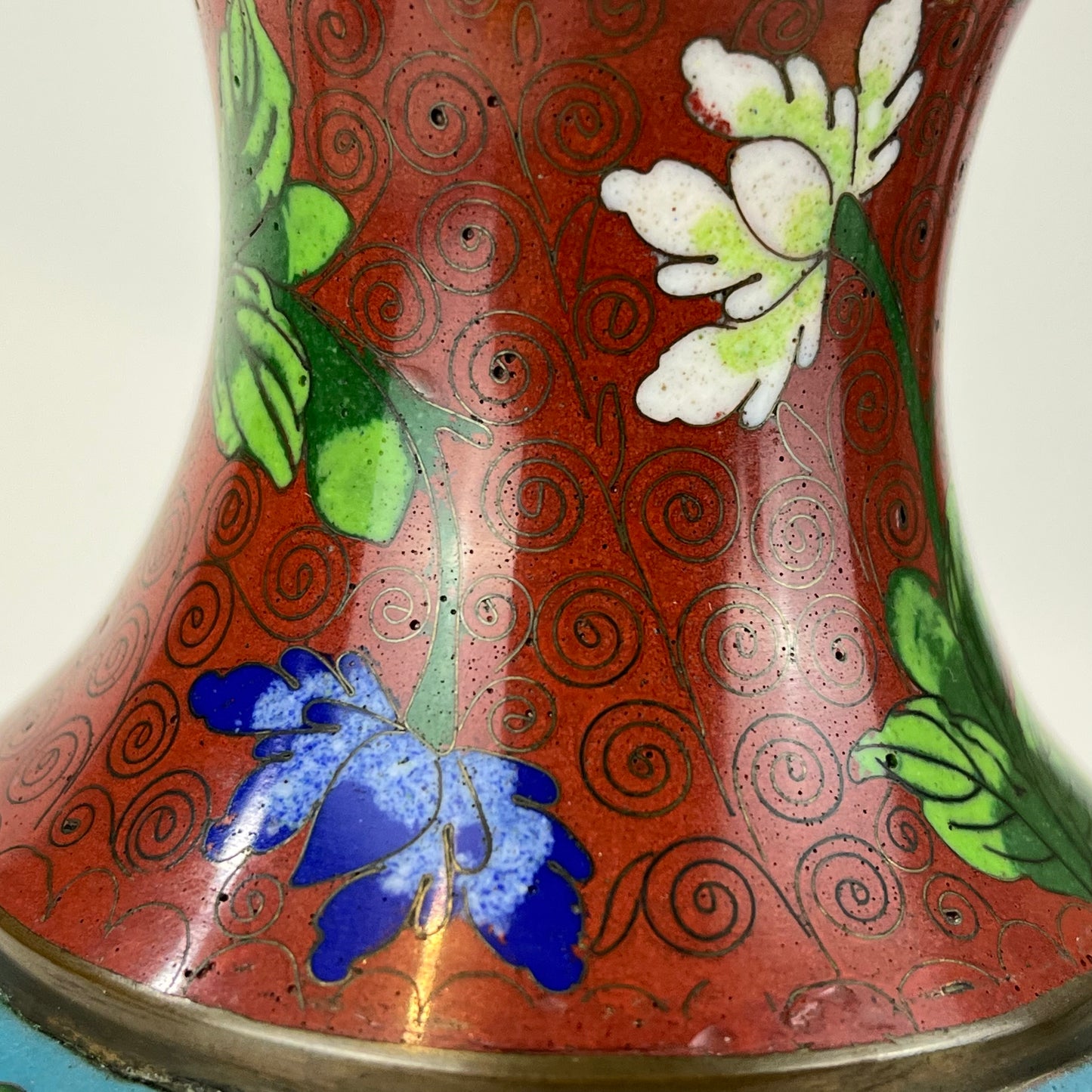 Vintage Chinese 70 Year Old Red Cloisonne Vase Floral Design 9"