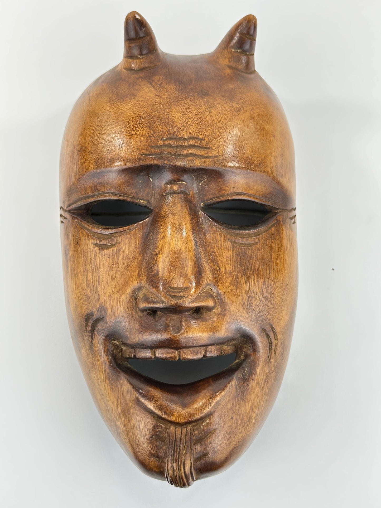 Vintage Japanese c1950's Folk Art Oni Mask Hand Carved Wood Wall Hanging 11"