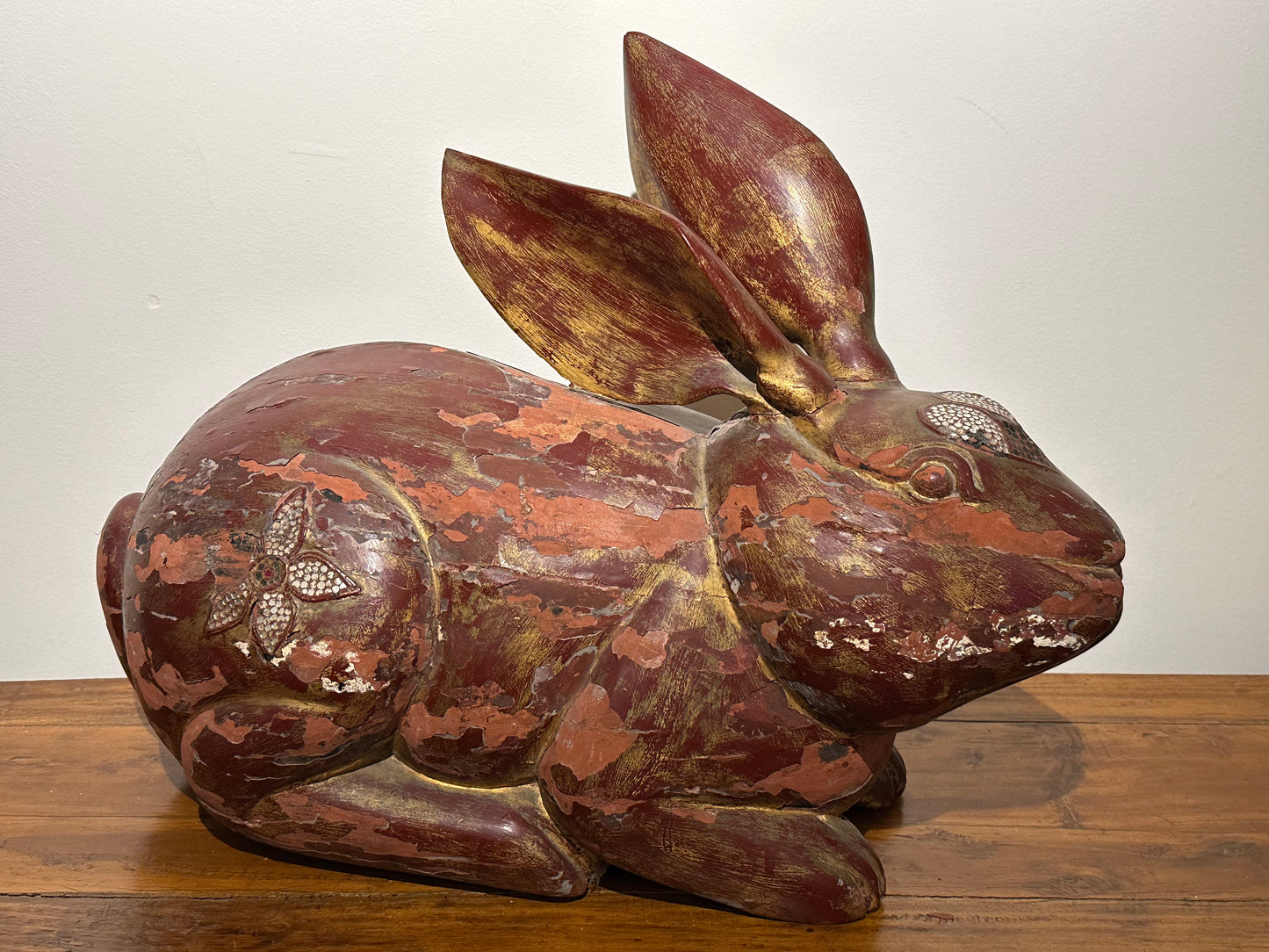 Antique Chinese Red Lacquer Had Carved Rabbit 22"L
