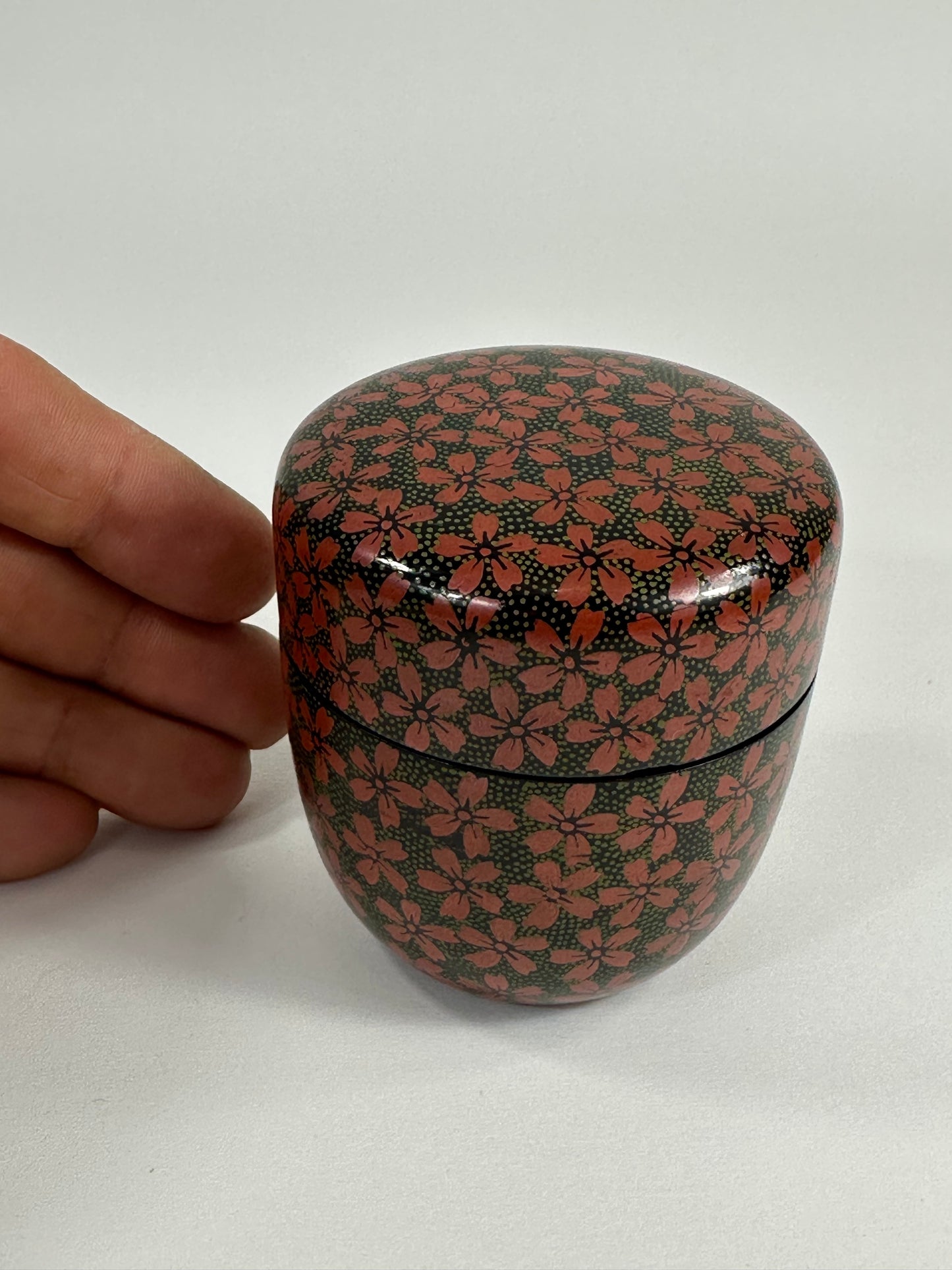 Vintage Japanese Tea Ceremony Natsume Black Lacquer Cherry Blossoms 3"