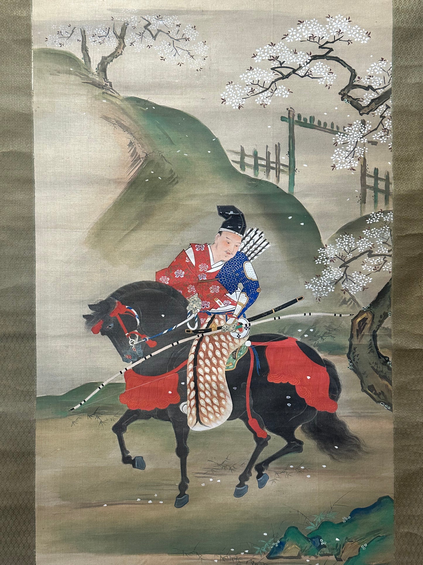 Japanese Antique Scroll Kakejiku Hand Painted Samurai Archer Minamoto 73"
