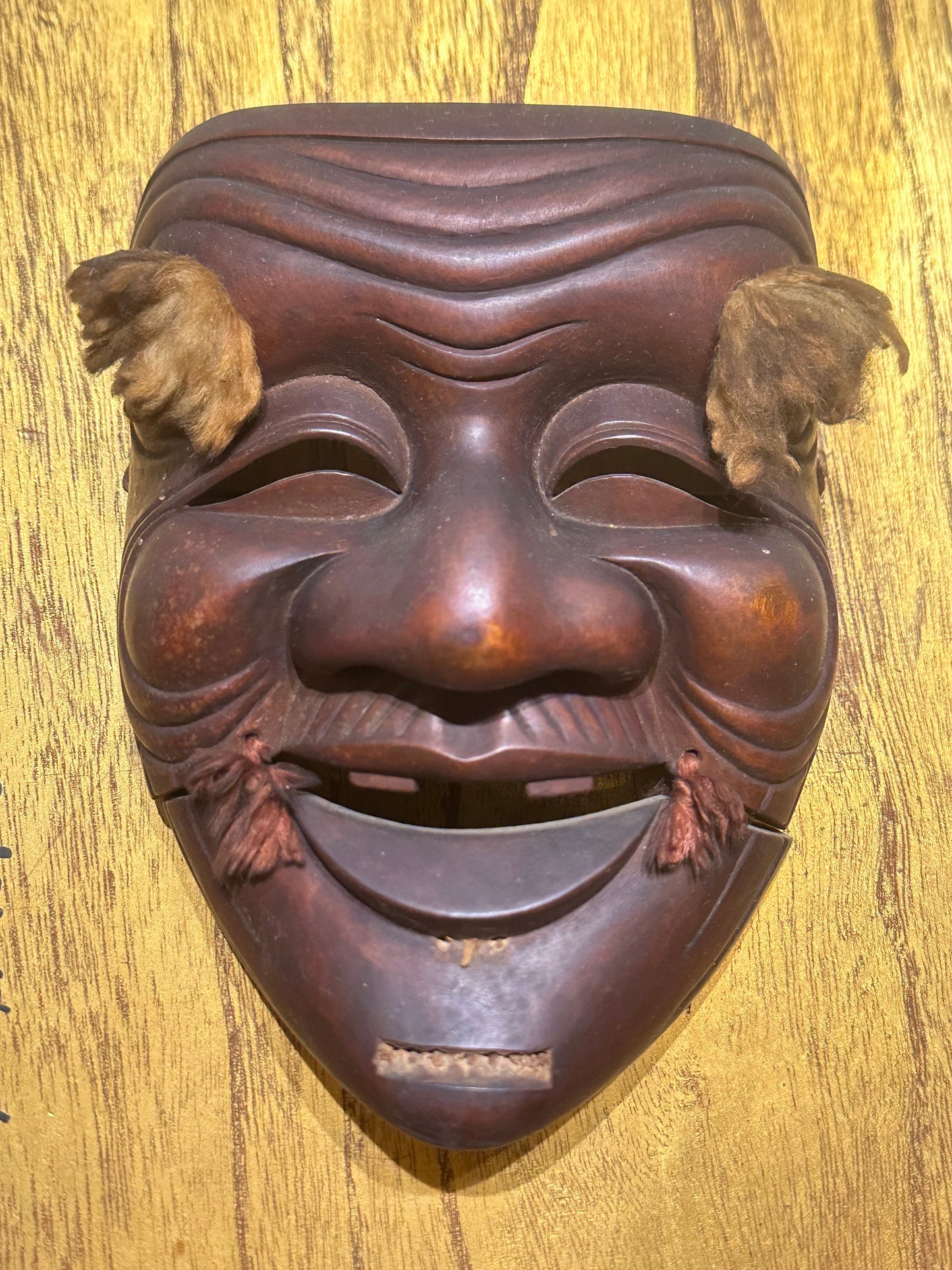 Antique Japanese Okina Noh Mask 翁面 Wood Carving Old Man w/Box