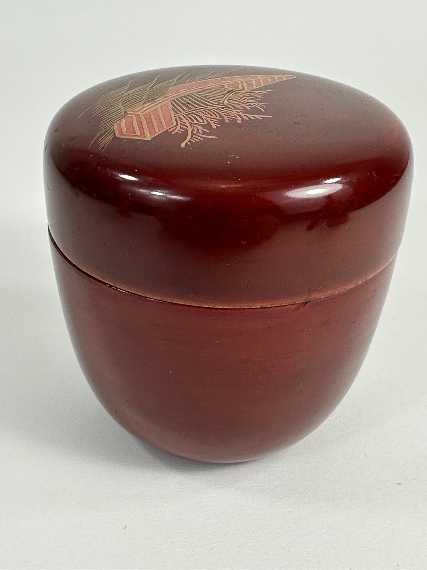 Vintage Japanese Tea Ceremony Natsume Red Lacquer Shibafune Gold Maki-e 3”