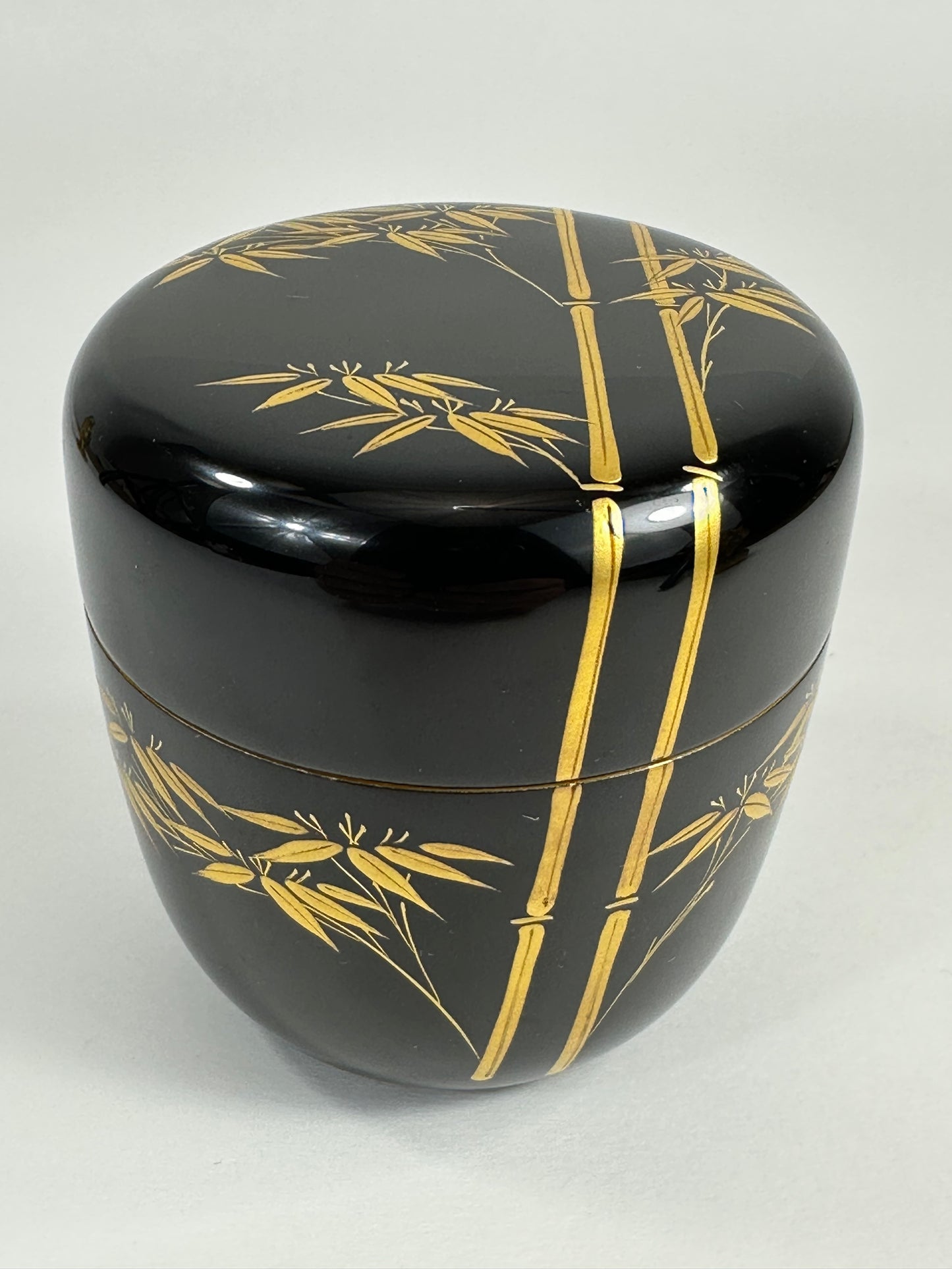 Vintage Japanese Tea Ceremony Natsume Black Lacquer Gold Bamboo Maki-e 3"