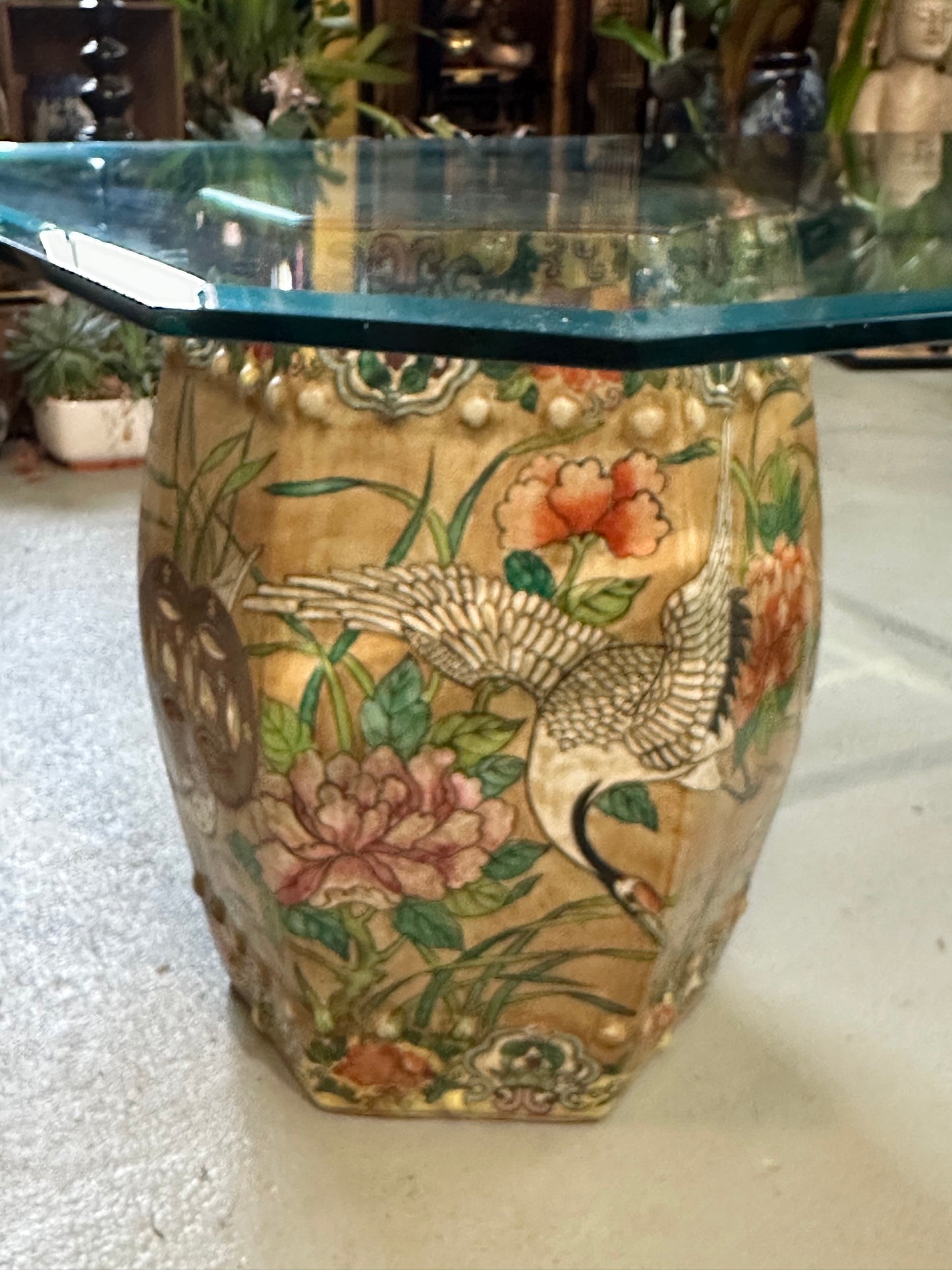 Vintage Coffee Table Chinese Garden Stools Ceramic Crane Motif 54x30"