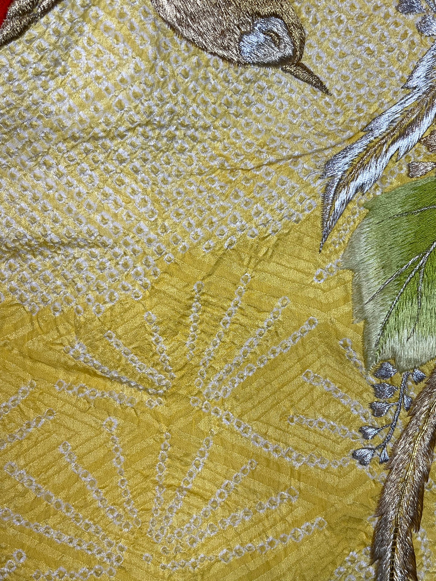 Vintage Japanese Silk Kimono in Shibori Tie-dye Style Soft Yellow w/ Embroidery 60"L