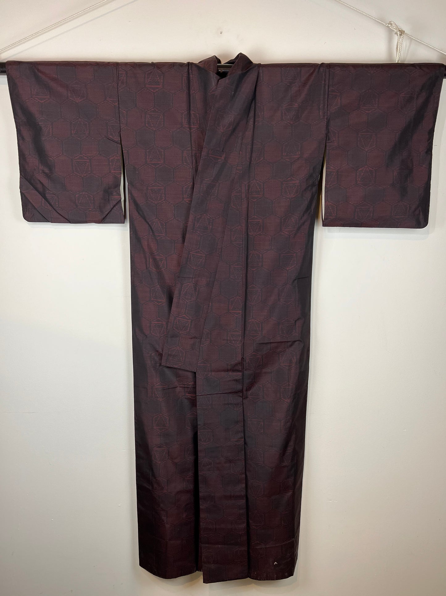 Vintage Japanese Silk Kimono Ruby Red & Black Hexagon Pattern 63"L