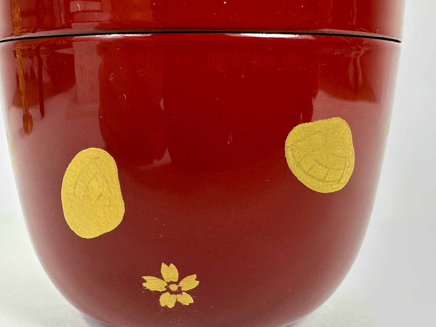 Japanese Tea Ceremony Natsume Red Lacquer Flute & Drum Gold Maki-e 3”