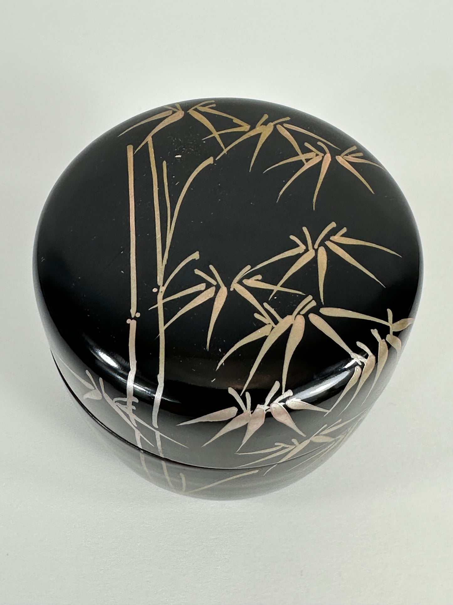 Vintage Japanese Tea Ceremony Natsume Black Lacquer Silver Bamboo 3”