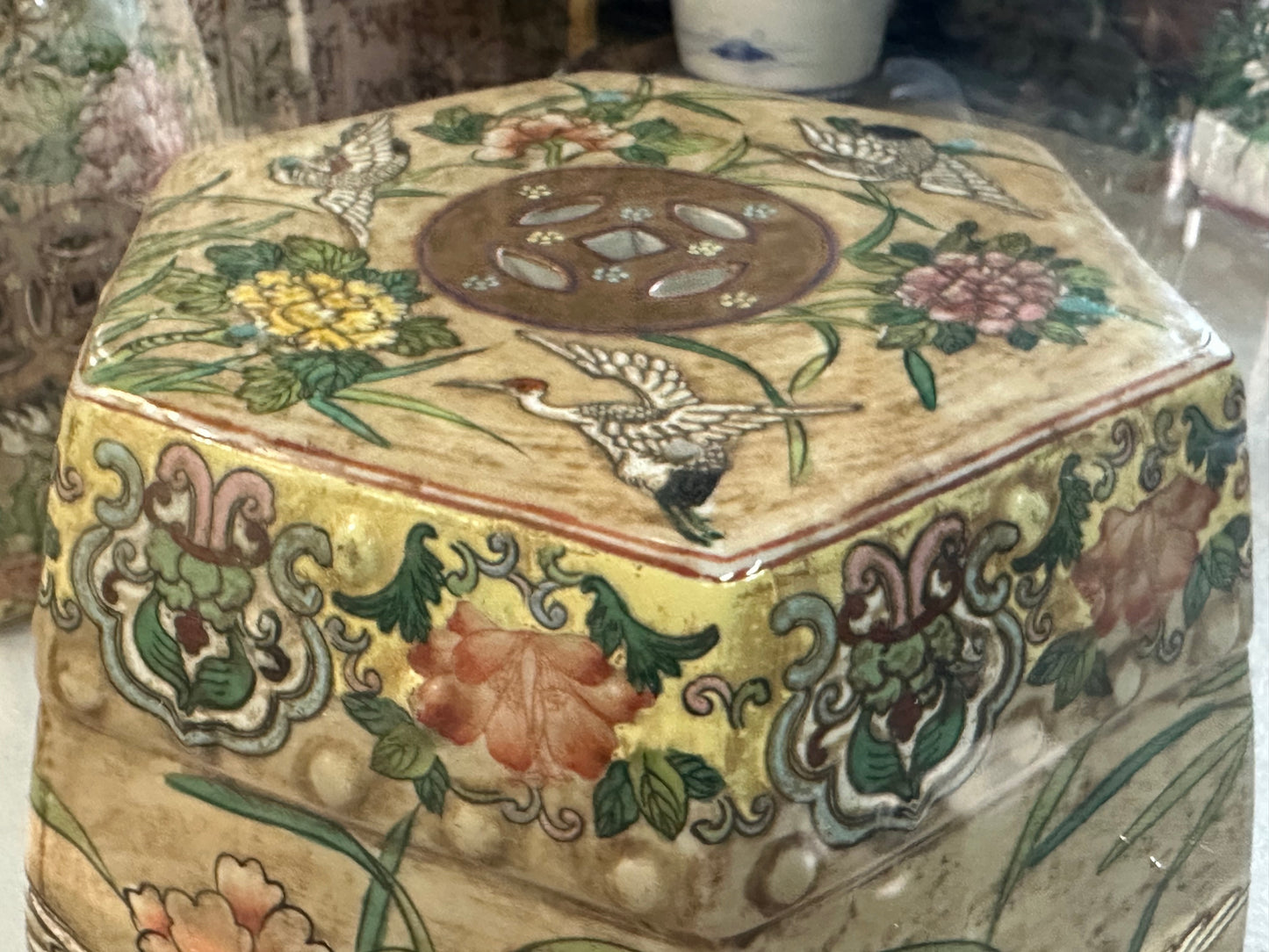Vintage Coffee Table Chinese Garden Stools Ceramic Crane Motif 54x30"