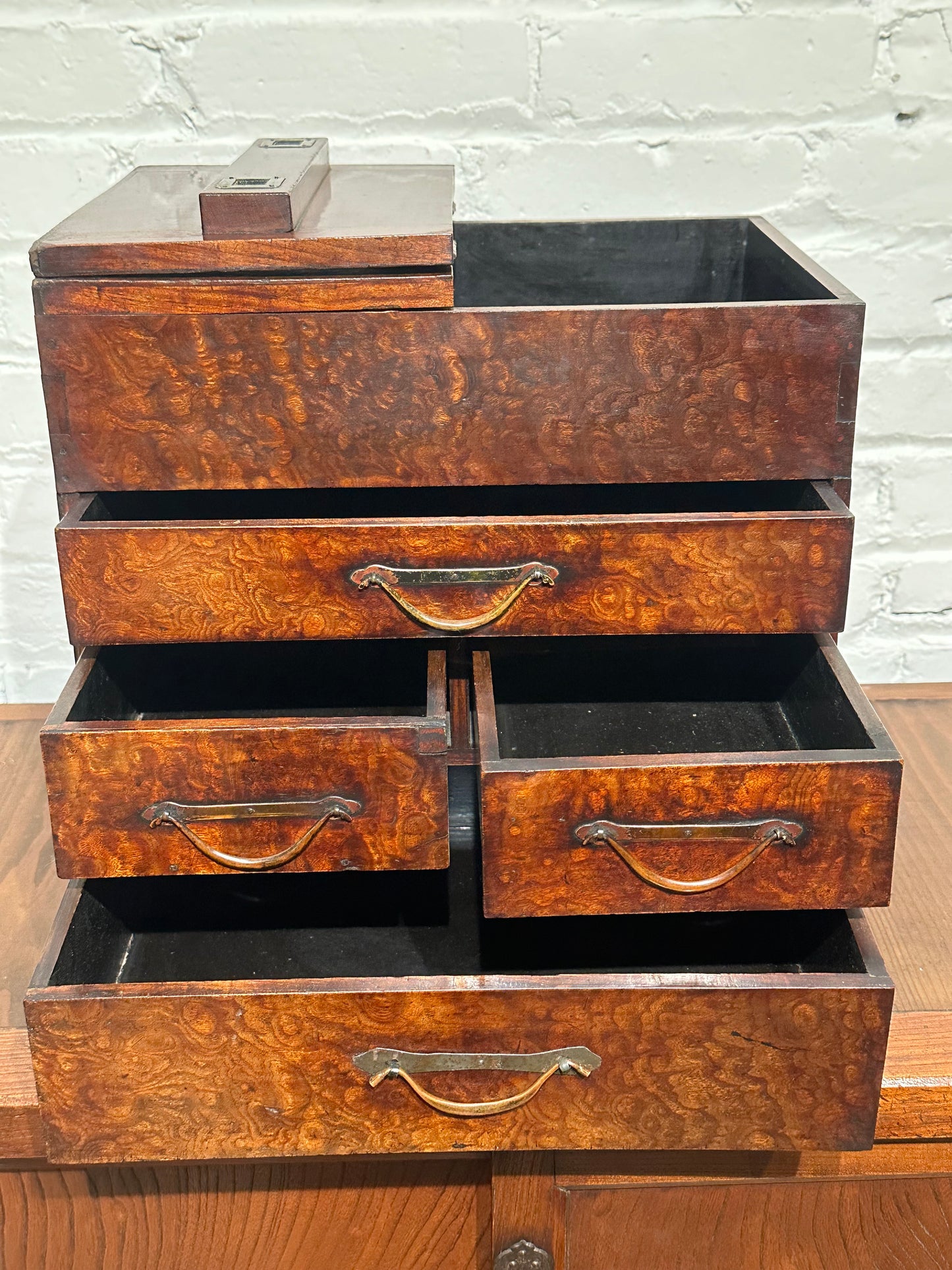 Antique Japanese 4 Drawer Kyodai Vanity Tansu Mullberry Wood 14" Haribako