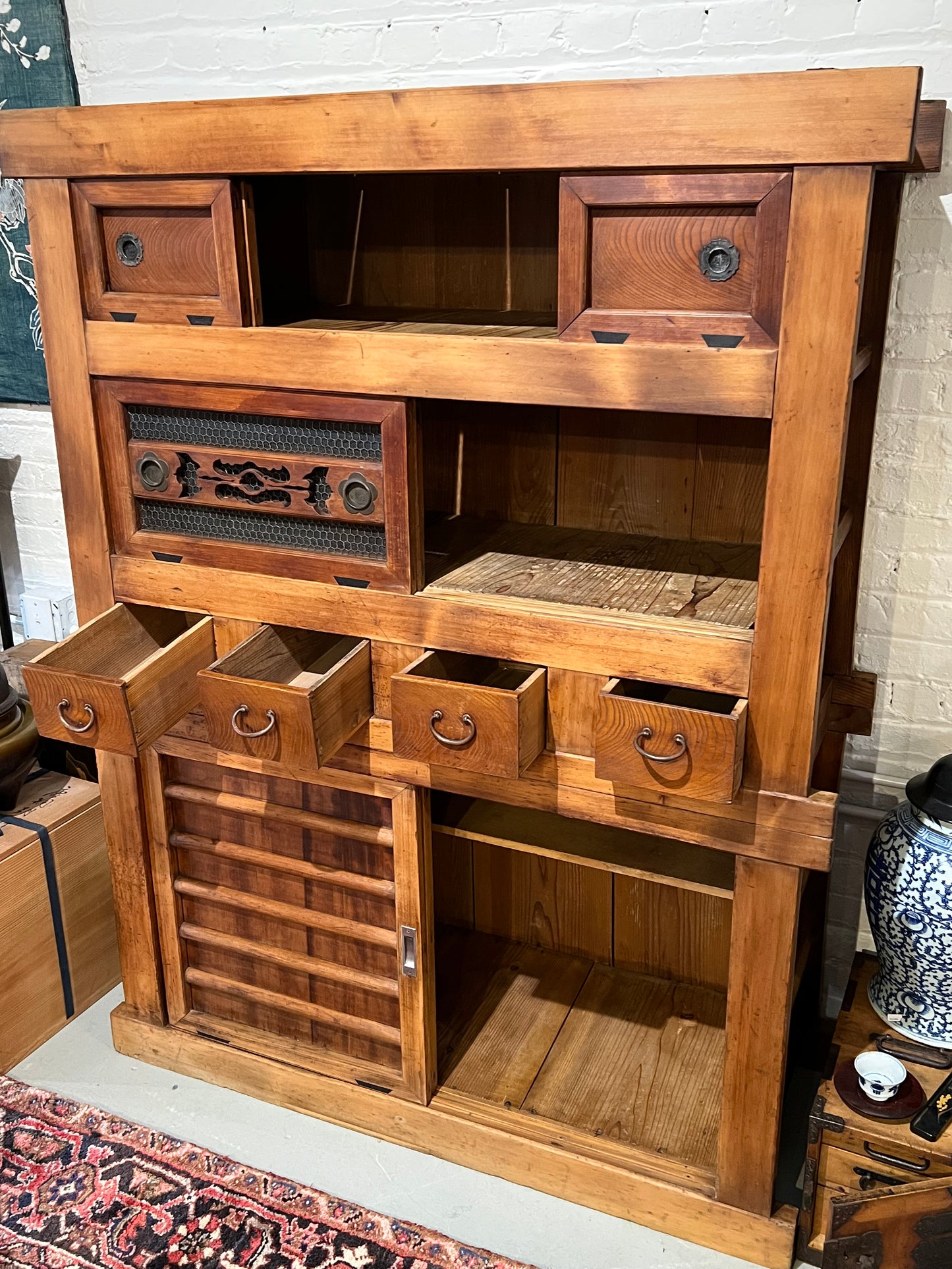 Antique Japanese Kitchen Tansu Meiji Era c1890's Keyaki & Sugi Wood Tansu Chest 48"W