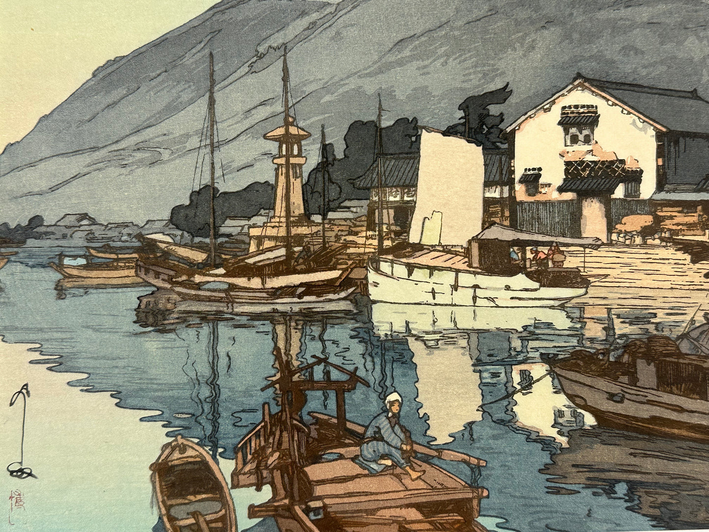 Hiroshi Yoshida Woodblock Print "Harbor of Tomonoura" 1930 Original