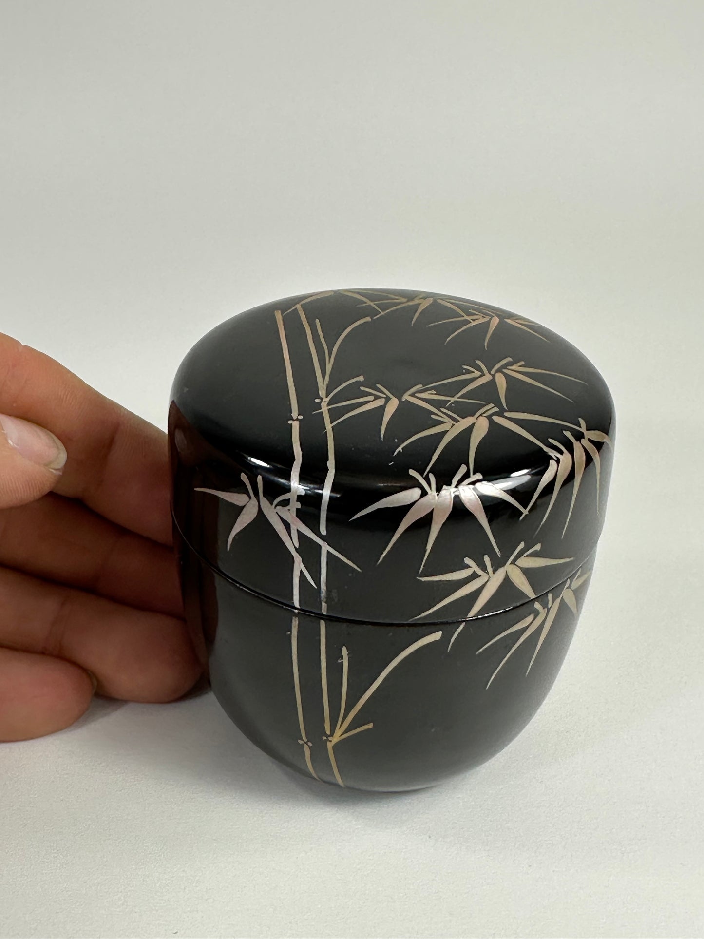 Vintage Japanese Tea Ceremony Natsume Black Lacquer Silver Bamboo 3”