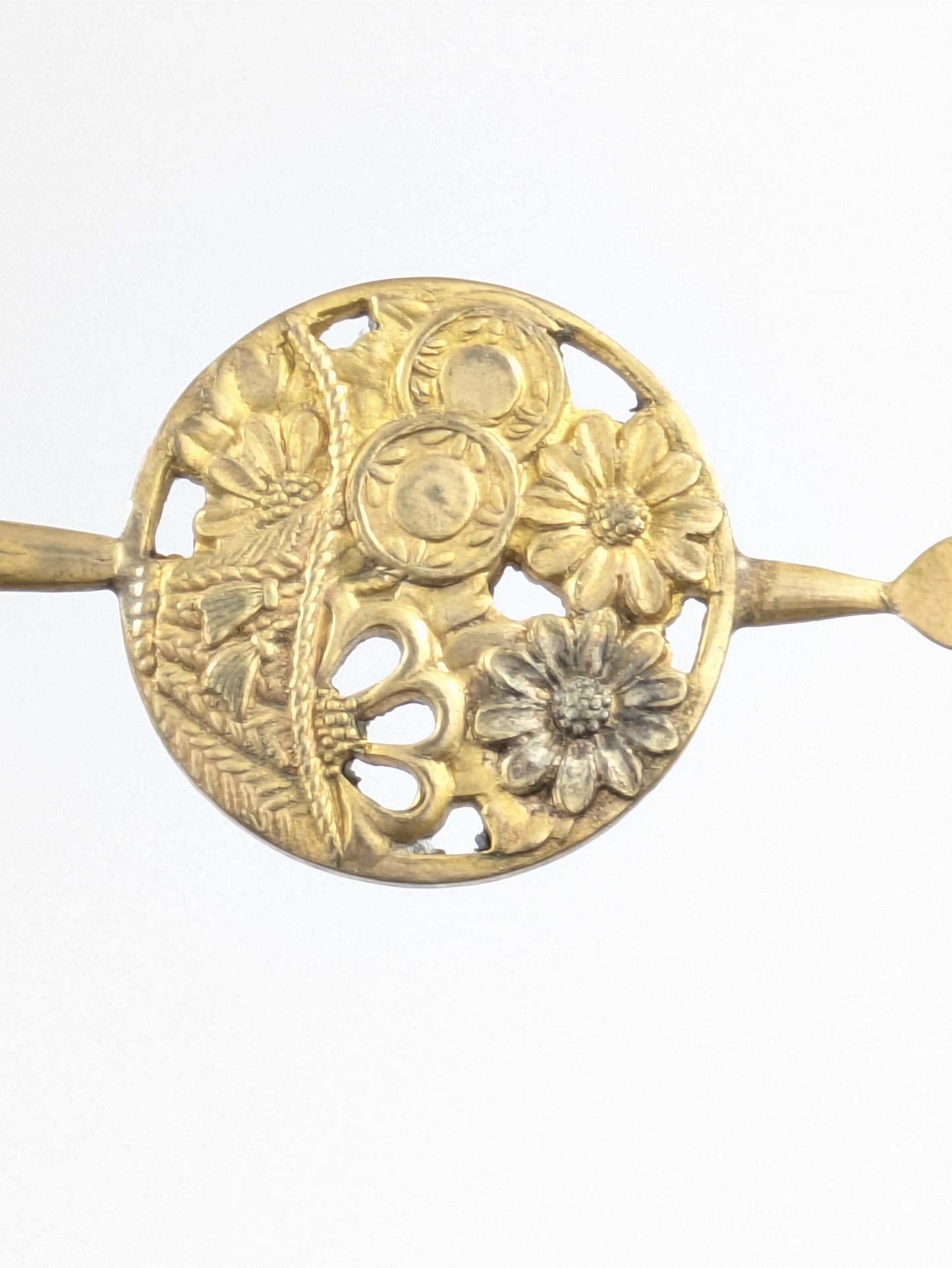 Antique Japanese Round Kanzashi Geisha Hairpiece Bronze Daisies & Tenko Drum 7" Hairpin Mimikake Style