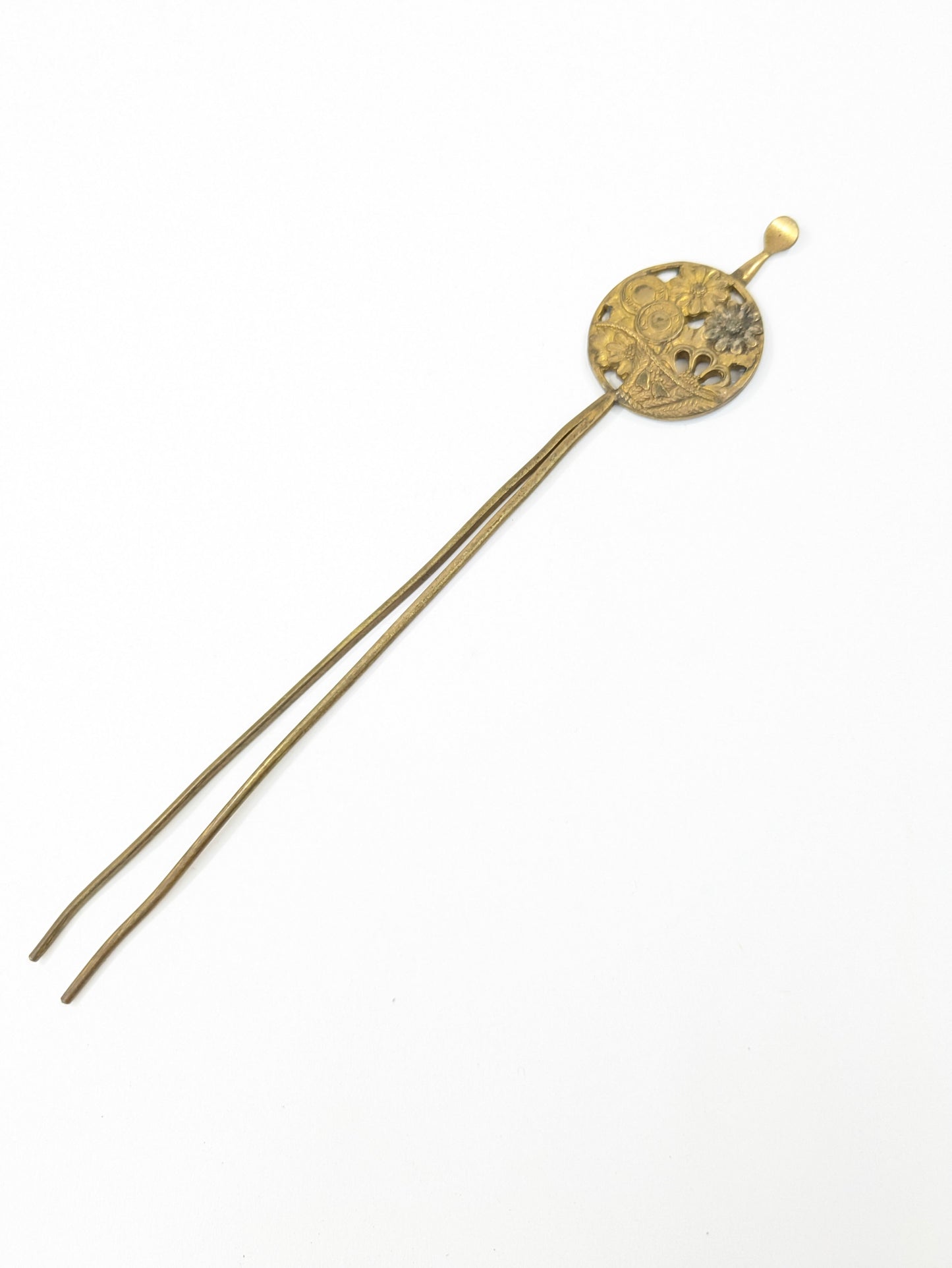 Antique Japanese Round Kanzashi Geisha Hairpiece Bronze Daisies & Tenko Drum 7" Hairpin Mimikake Style