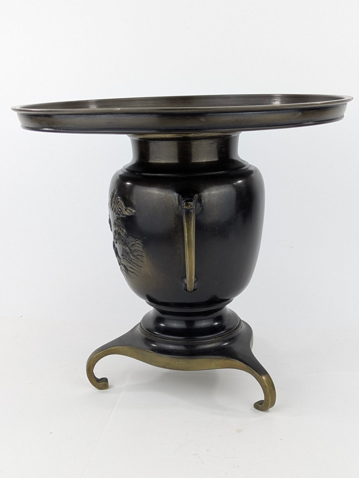 Antique Japanese Signed Usubata Bronze Vase – Pine Landscape with Bridge & Temple – Meiji–Taisho Era