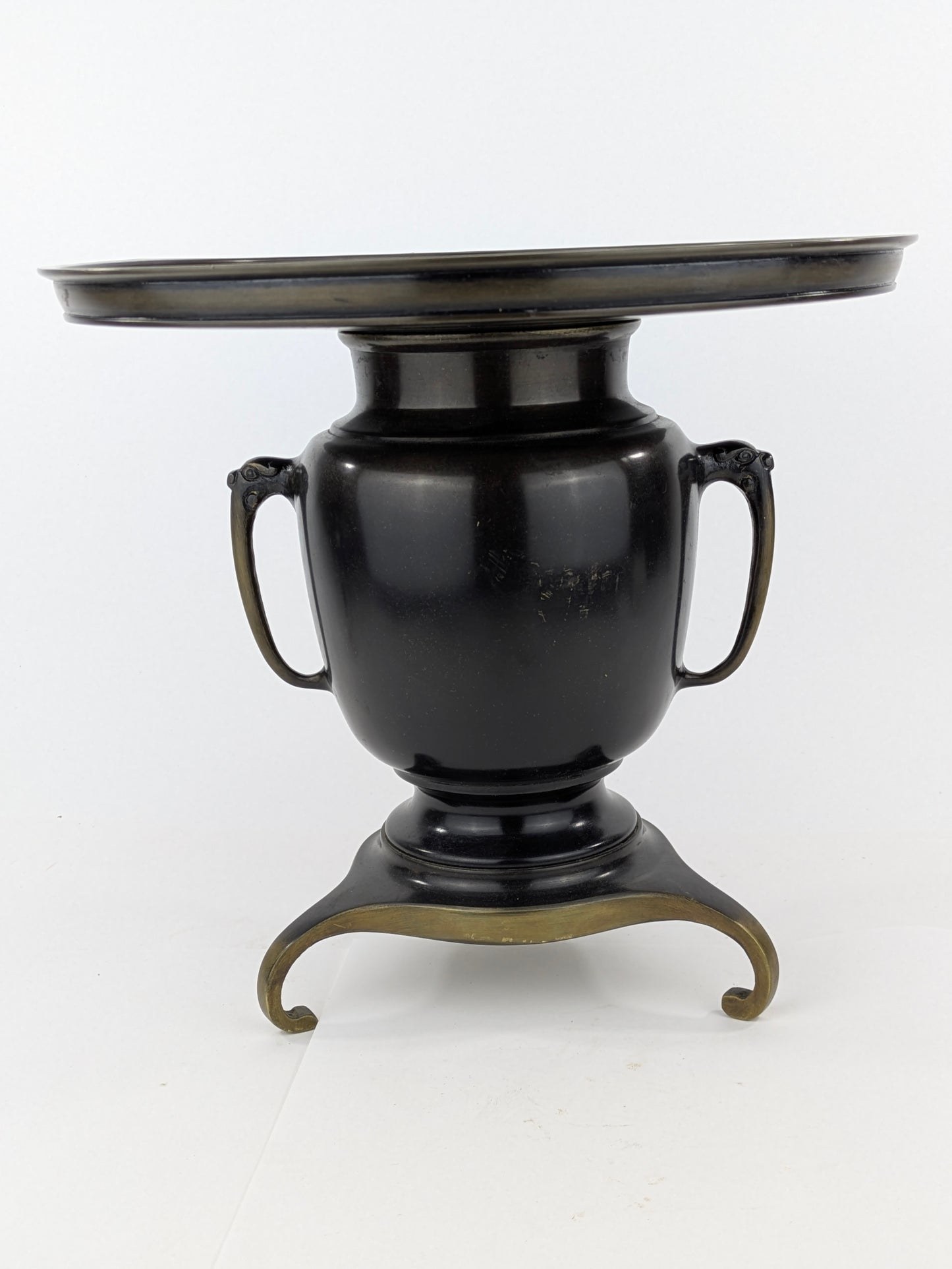 Antique Japanese Signed Usubata Bronze Vase – Pine Landscape with Bridge & Temple – Meiji–Taisho Era