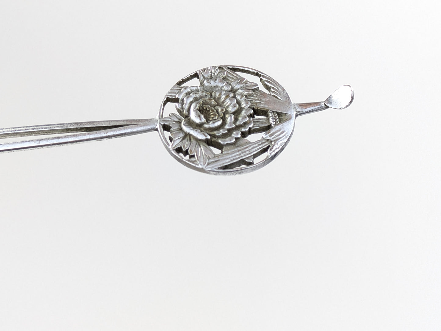 Antique Japanese Round Kanzashi Geisha Hairpiece Silver Peony Blossom Tassels 7" Hairpin Mimikake Style