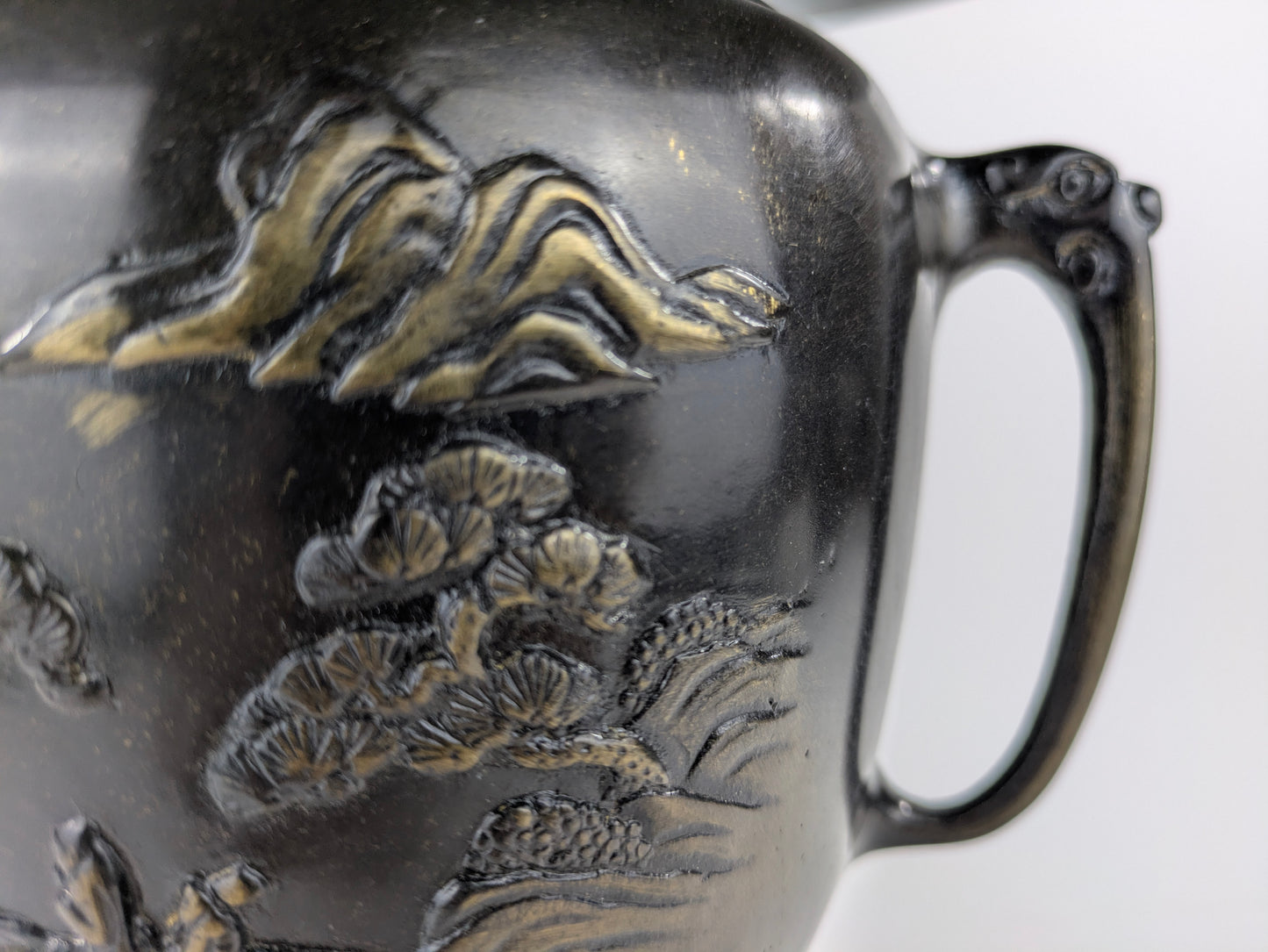 Antique Japanese Signed Usubata Bronze Vase – Pine Landscape with Bridge & Temple – Meiji–Taisho Era