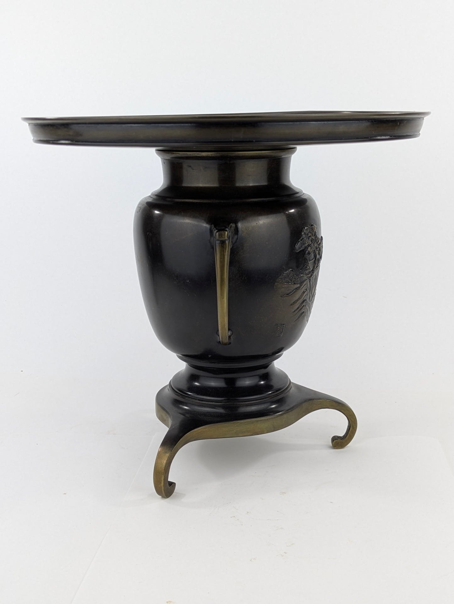 Antique Japanese Signed Usubata Bronze Vase – Pine Landscape with Bridge & Temple – Meiji–Taisho Era