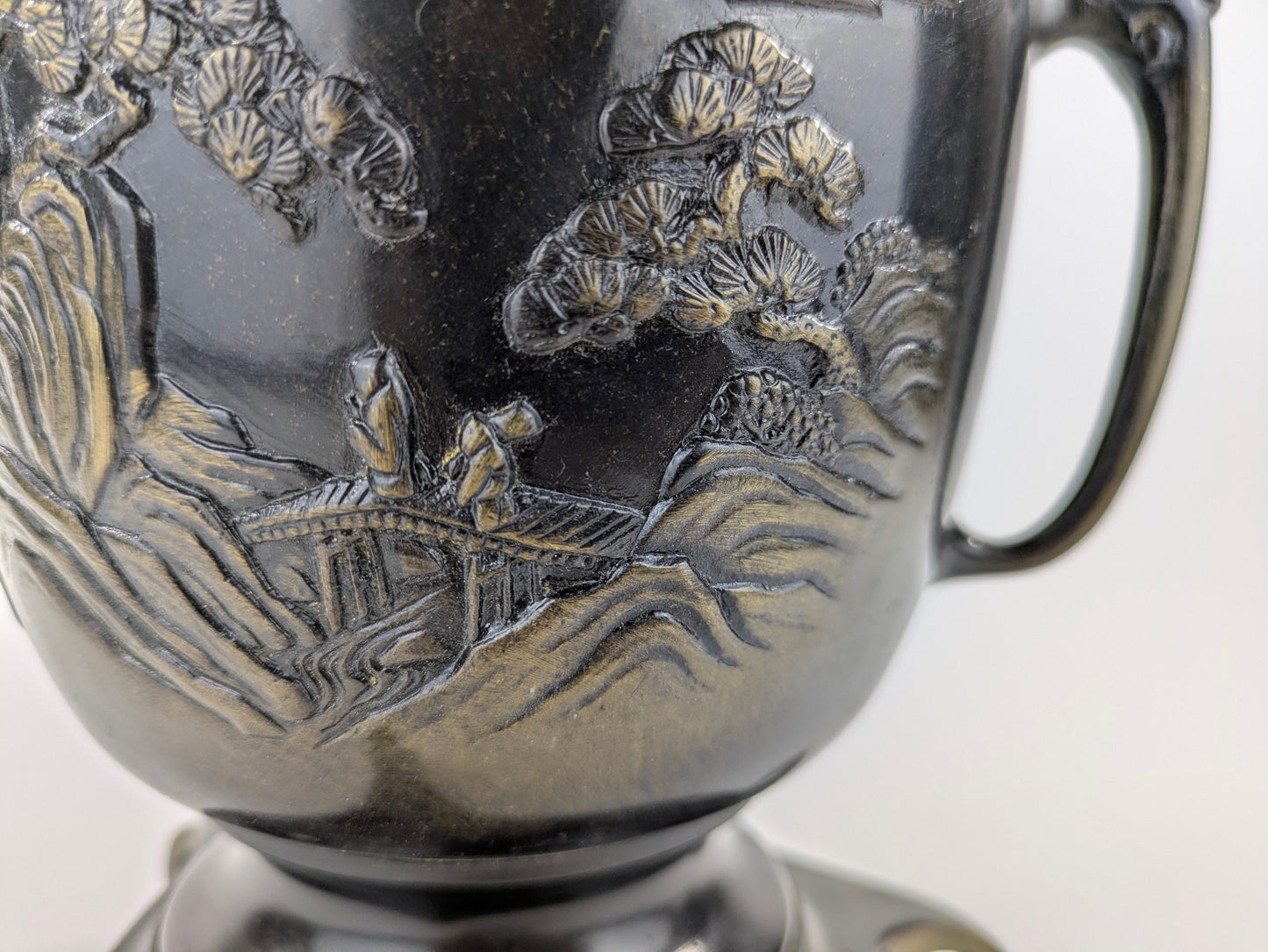 Antique Japanese Signed Usubata Bronze Vase – Pine Landscape with Bridge & Temple – Meiji–Taisho Era