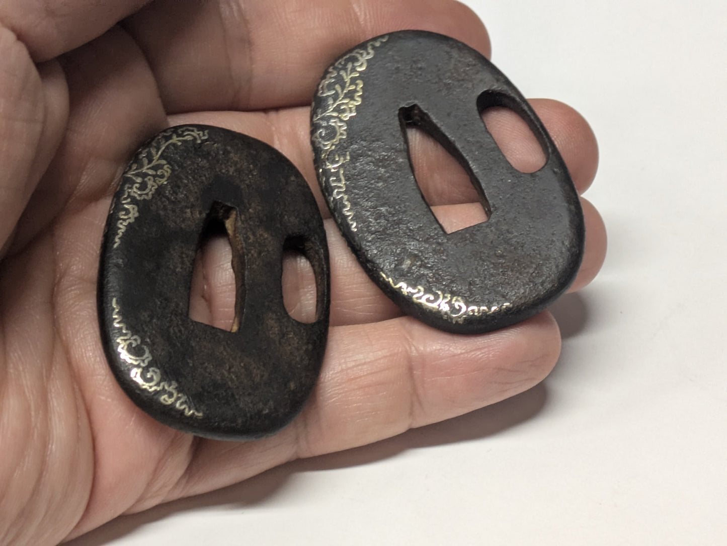 Antique Japanese Pair of Matched Iron Tsuba with Silver Wisteria Inlay, Edo Period, c. 1800–1868