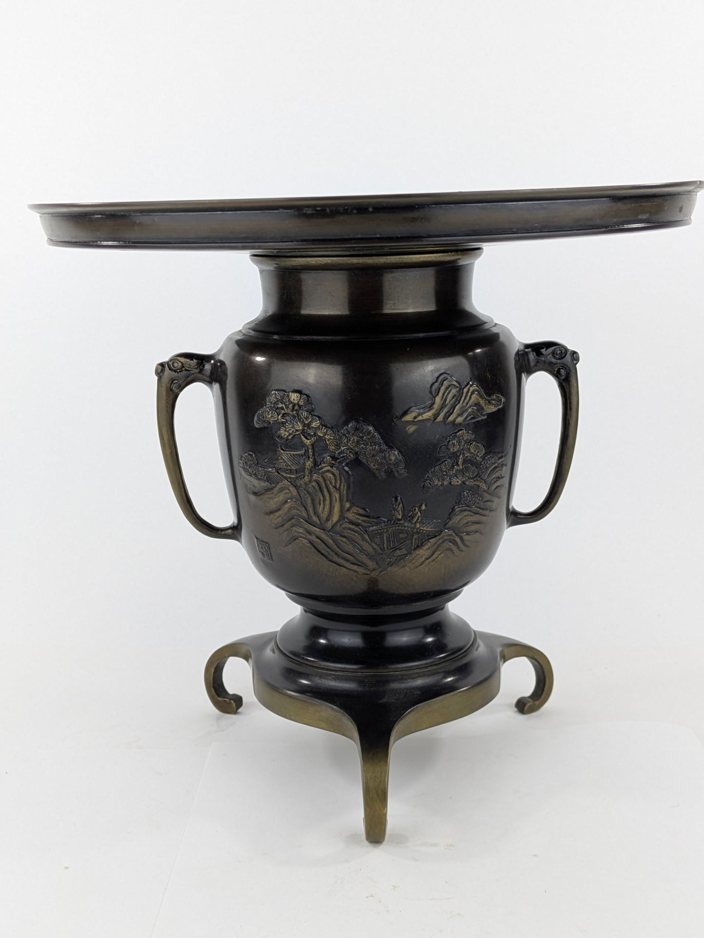 Antique Japanese Signed Usubata Bronze Vase – Pine Landscape with Bridge & Temple – Meiji–Taisho Era