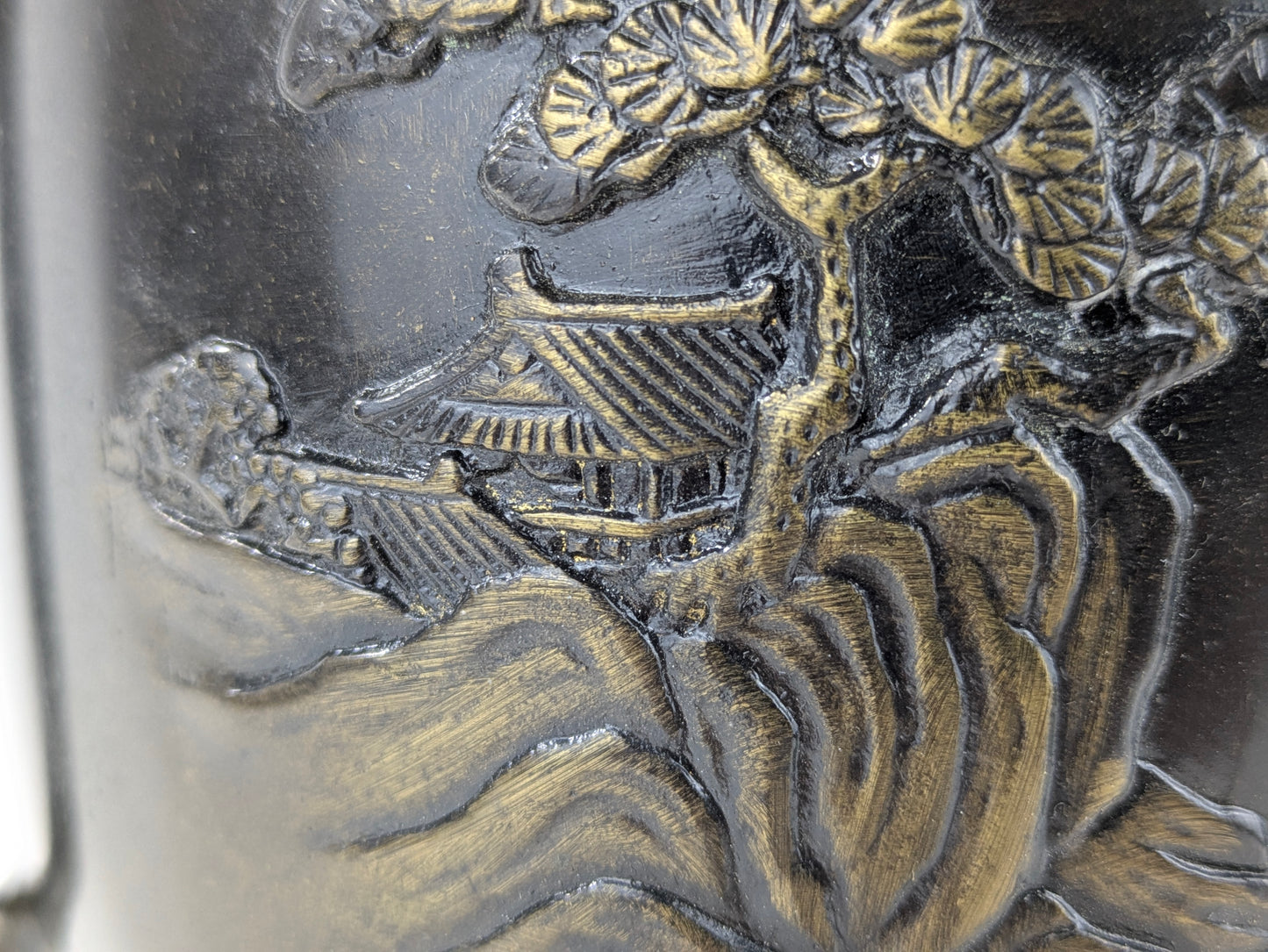 Antique Japanese Signed Usubata Bronze Vase – Pine Landscape with Bridge & Temple – Meiji–Taisho Era