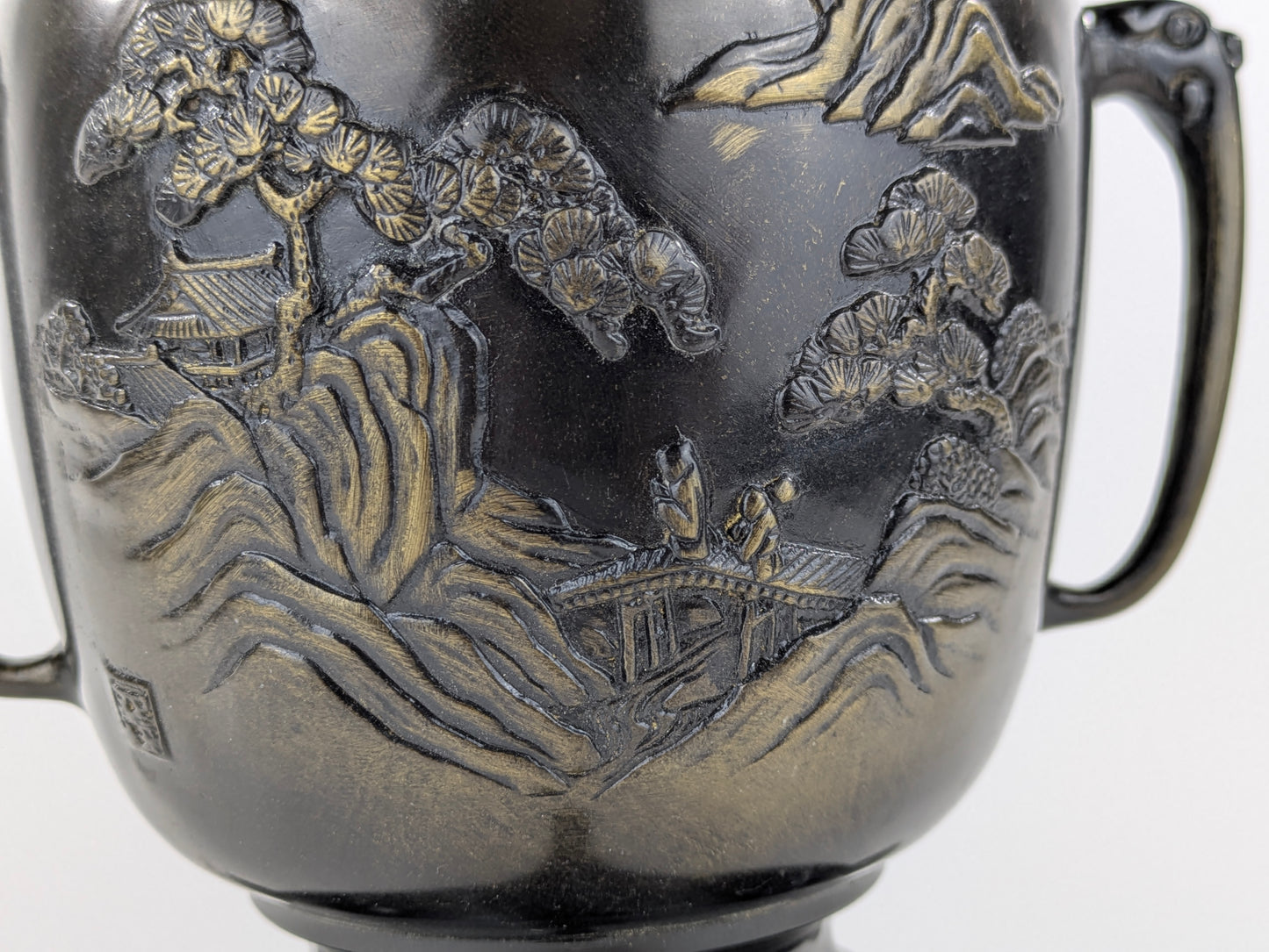 Antique Japanese Signed Usubata Bronze Vase – Pine Landscape with Bridge & Temple – Meiji–Taisho Era