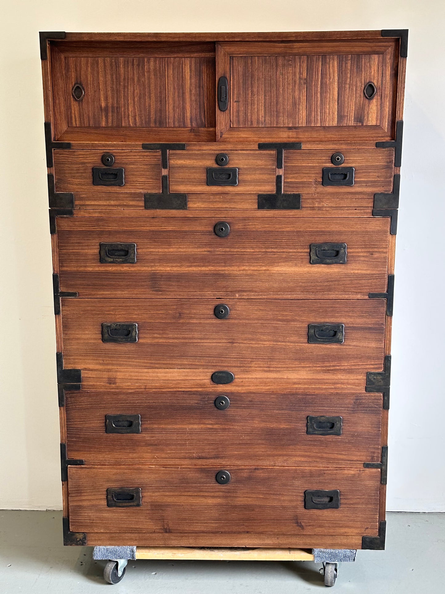 Antique Japanese Isho-Tansu Clothing Chest Taisho c1920’s 57”H Kiri Wood