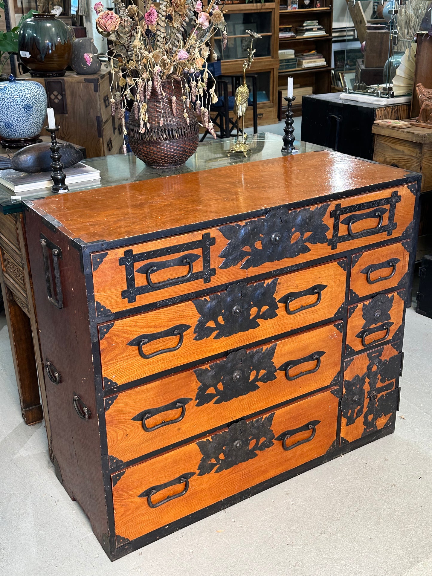 Antique Japanese Meiji Era c1880's Sendai Clothing Tansu Chest Peony 36"W