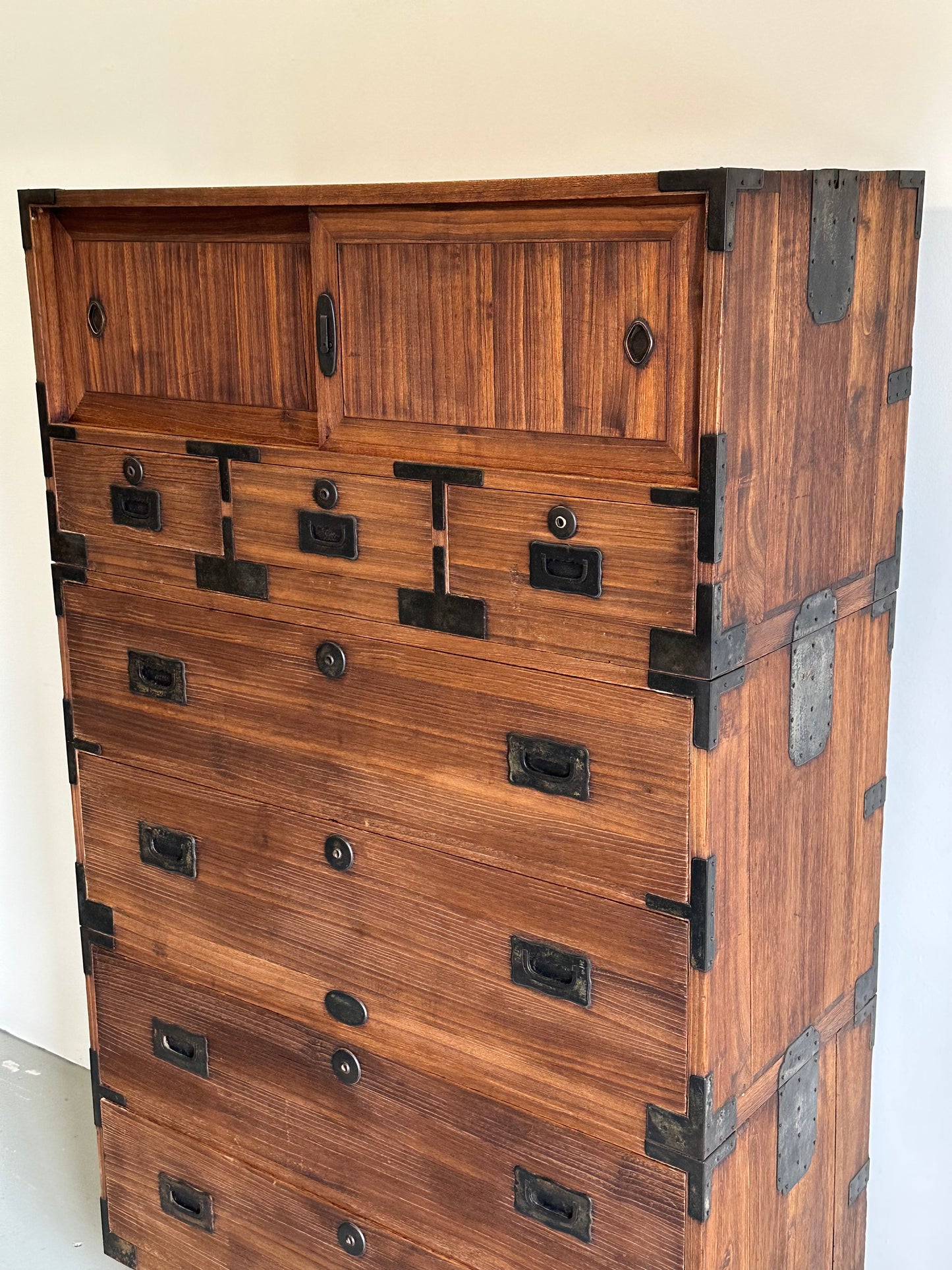 Antique Japanese Isho-Tansu Clothing Chest Taisho c1920’s 57”H Kiri Wood