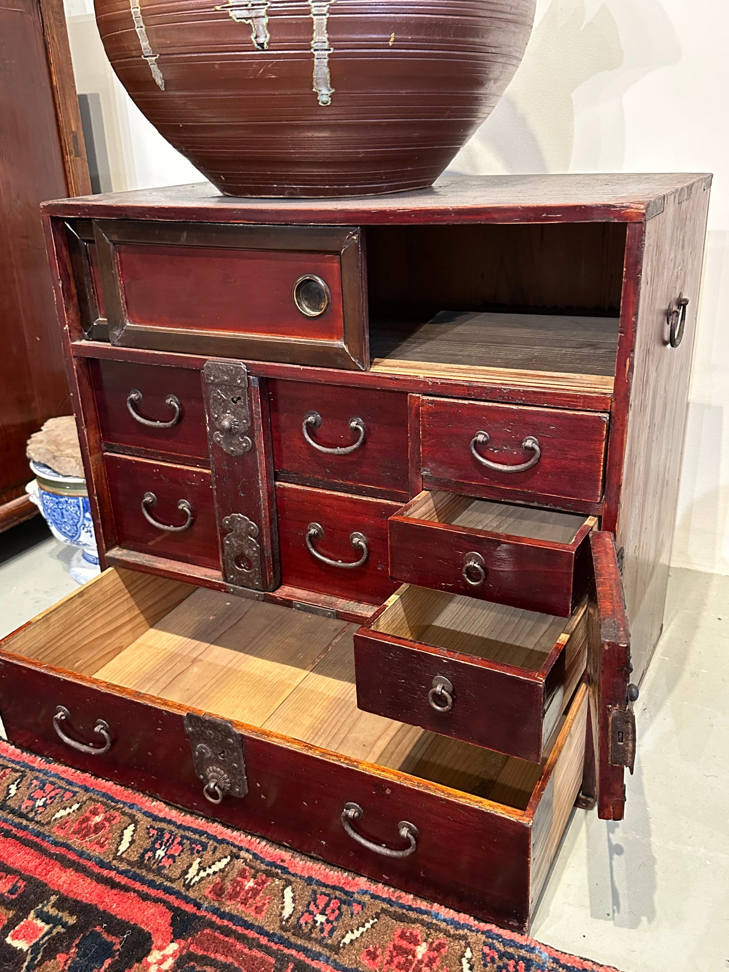 Antique Japanese Edo Era (c1860) Bodansu Personal Tansu Red Lacquer 24"W
