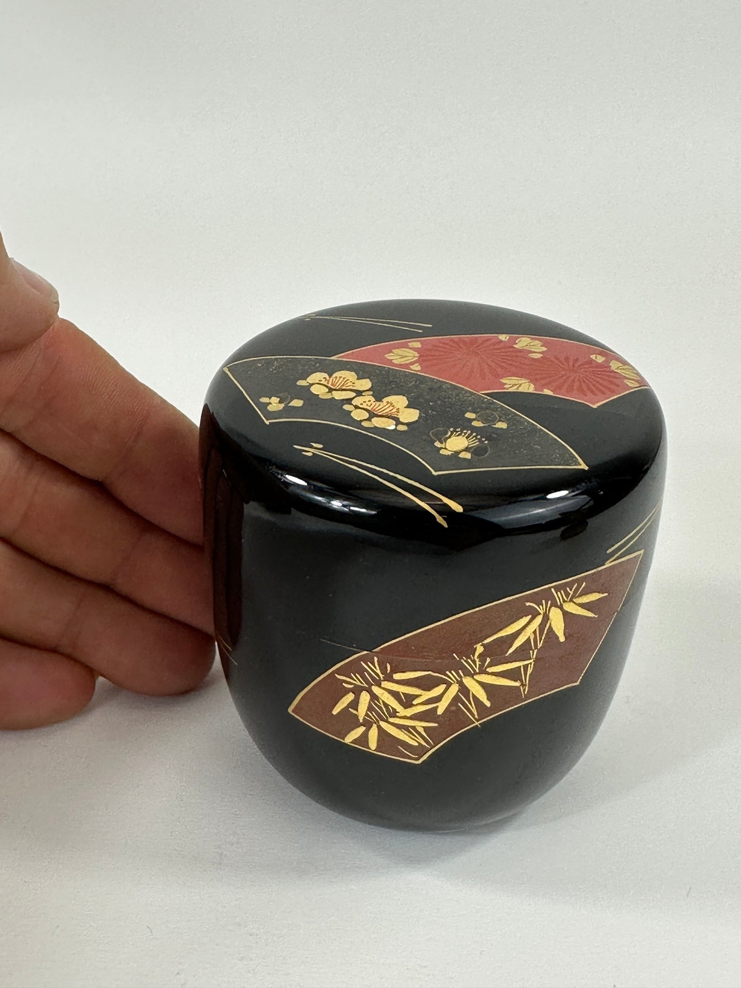 Vintage Japanese Tea Ceremony Natsume Black Lacquer Bamboo Pine Plum 3”