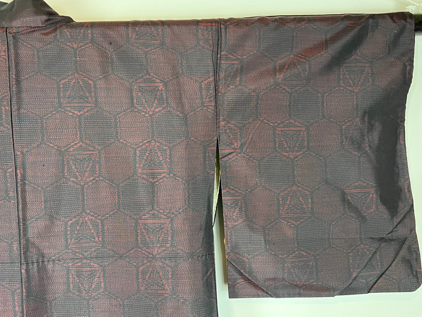 Vintage Japanese Silk Kimono Ruby Red & Black Hexagon Pattern 63"L