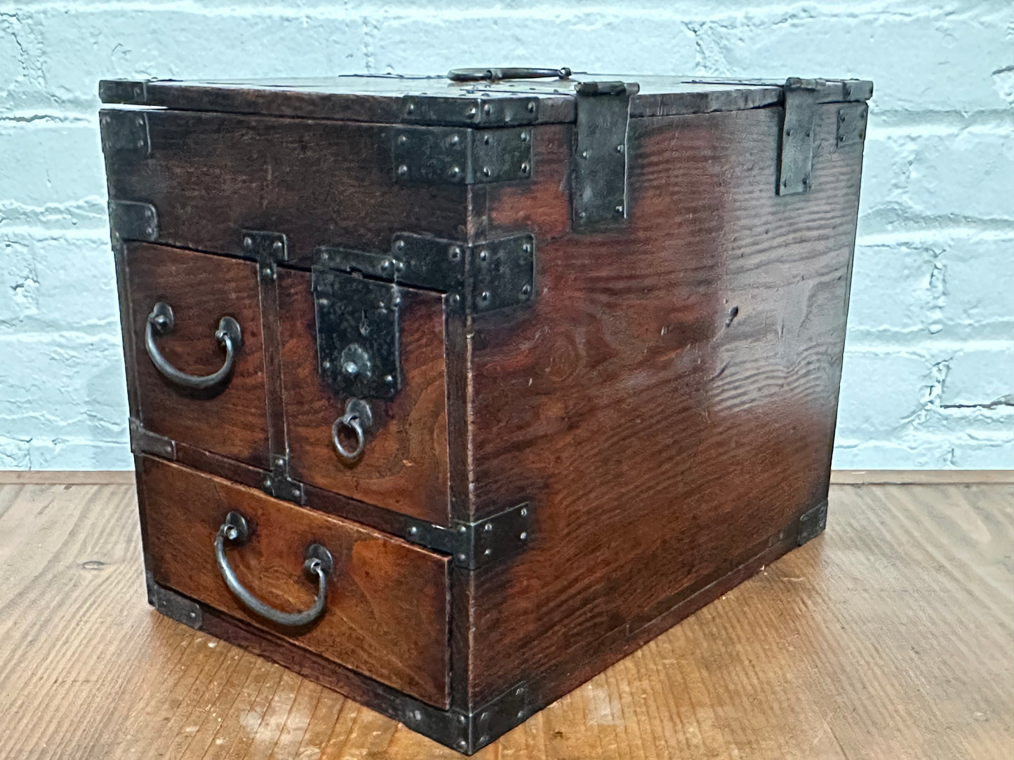 Antique Japanese Meiji Era 1880's Suzuribako Calligraphy Tansu Chestnut 3 Drawer 13"