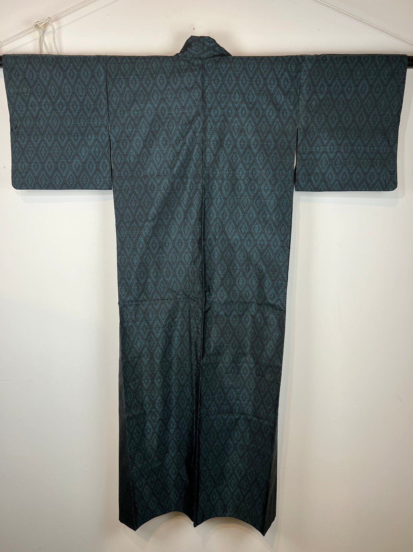 Vintage Japanese Silk Kimono Emerald Green Diamond Pattern 60"L