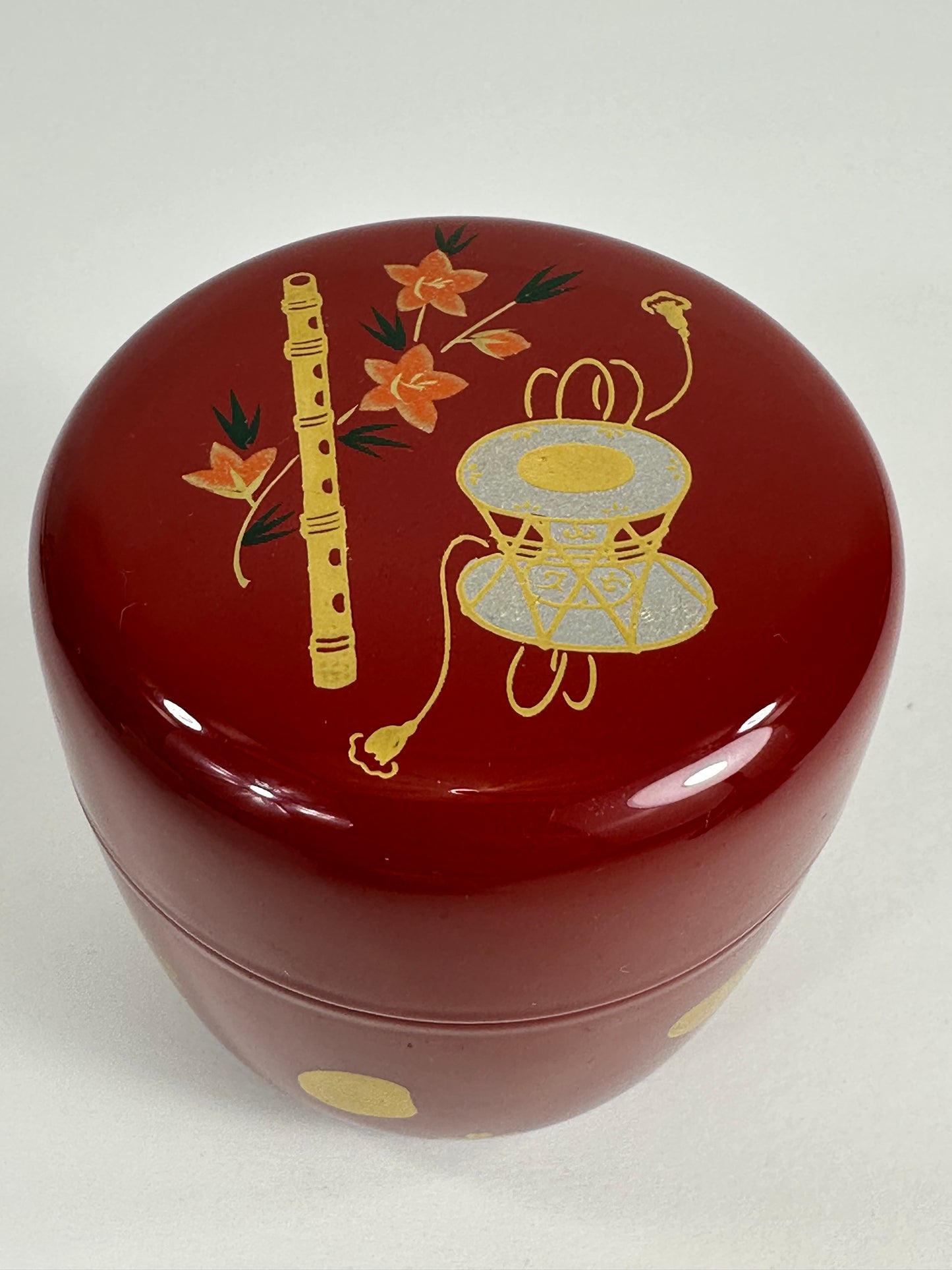 Japanese Tea Ceremony Natsume Red Lacquer Flute & Drum Gold Maki-e 3”