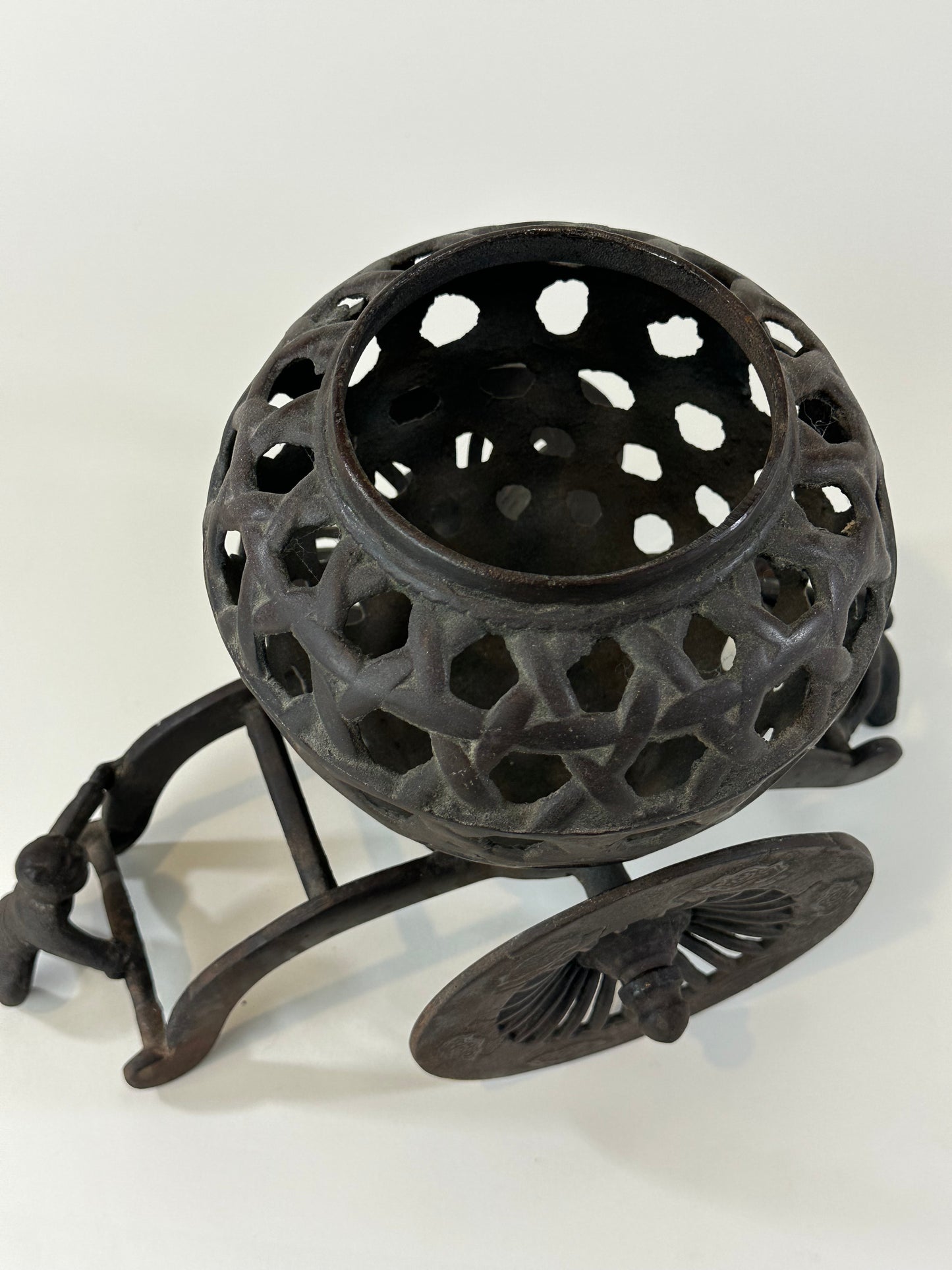 Japanese Usubata Cart Style Bronze Ikebana Flower Vase 12"