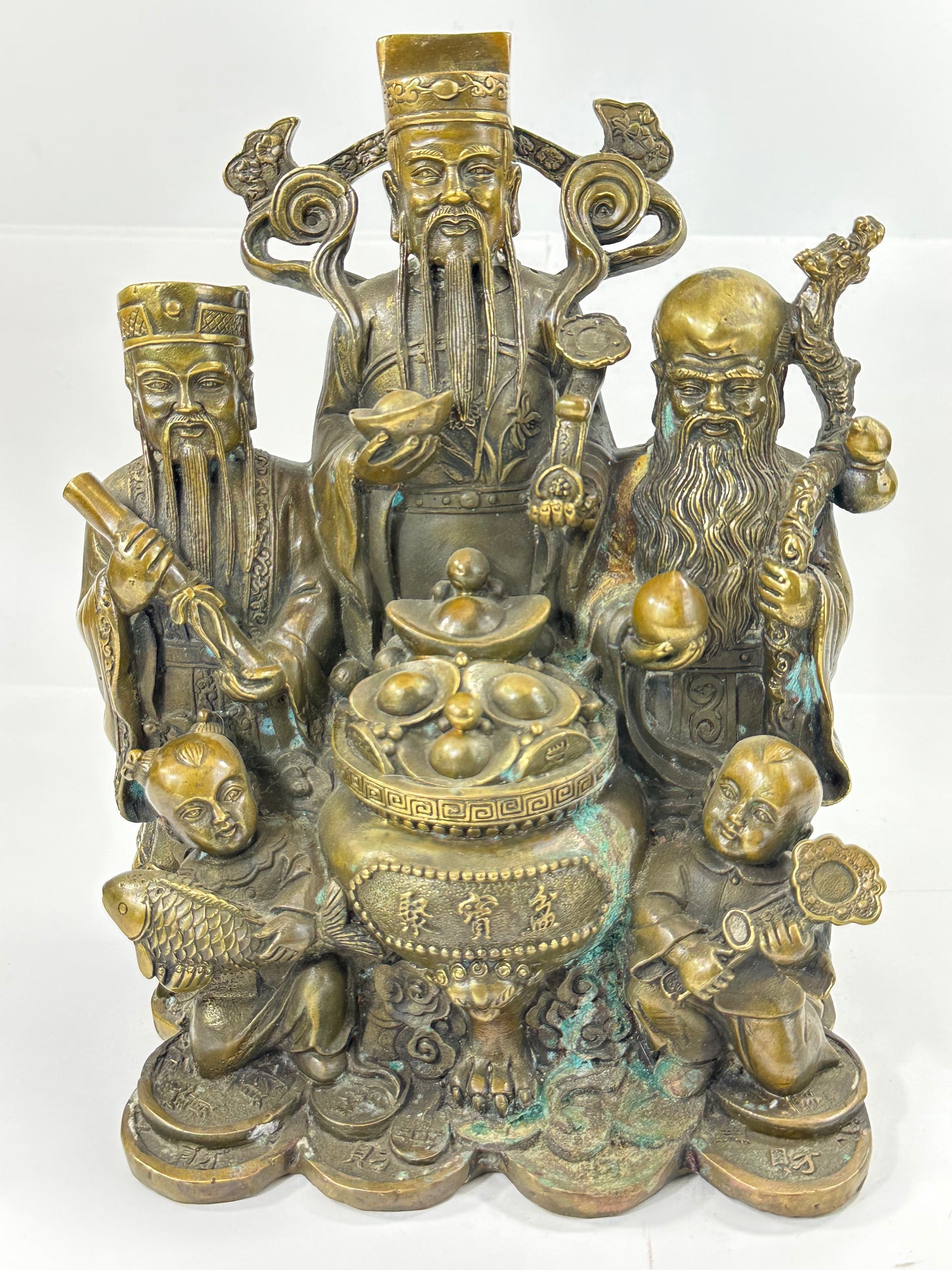 Vintage Chinese Bronze Statue Fu Lu Shu or San Xing 10"H