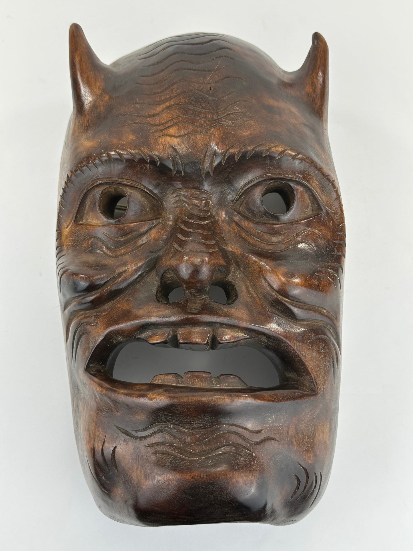 Vintage Japanese c1950's Folk Art Oni Mask Hand Carved Wood Wall Hanging 13"