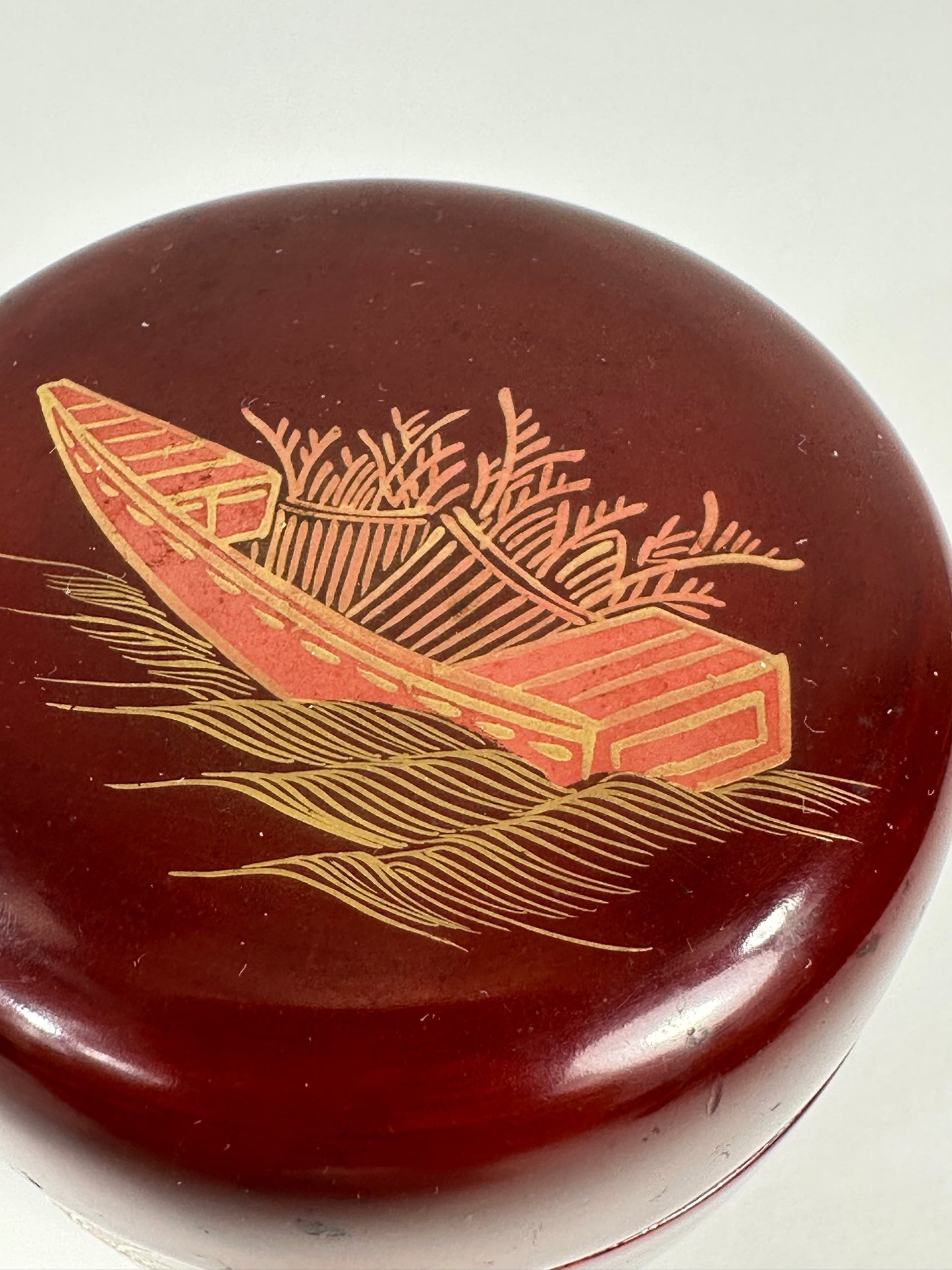 Vintage Japanese Tea Ceremony Natsume Red Lacquer Shibafune Gold Maki-e 3”