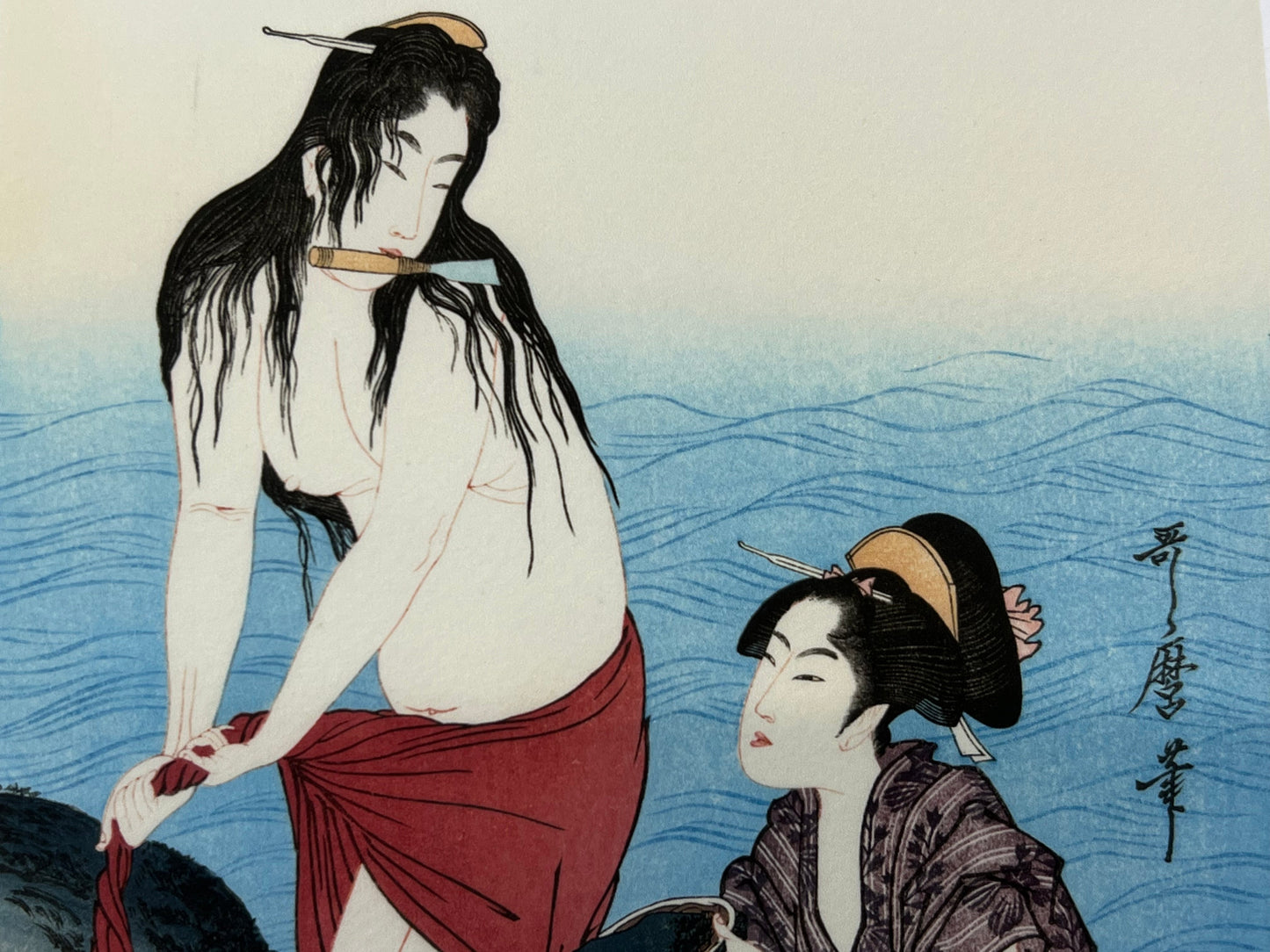 Utamaro Giclee Woodblock Triptych Print Set of 3 "Abalone Divers" 7"x10"