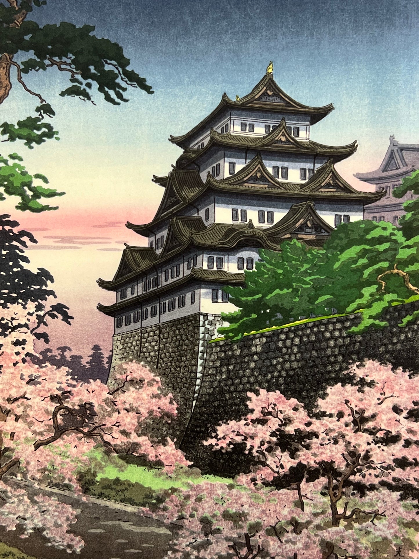 Koitsu Giclee Woodblock Print Pink Cherry Nagoya Castle 6.75"x10"