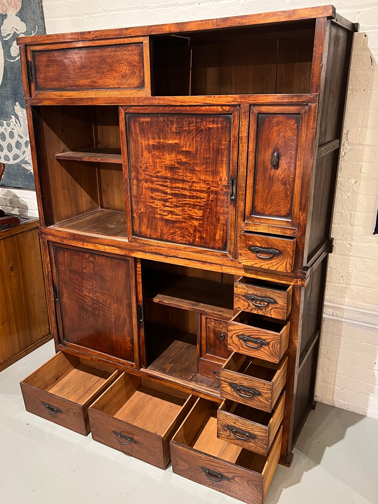 Antique Japanese Mizuya Meiji Era Late 19th Keyaki Elm Kitchen Chest 52"