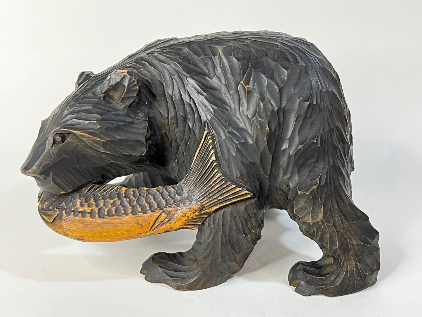 Vintage Japanese Ainu Hand Carved Bear w/ Salmon Cedar Wood Kubori Kuma 6.5"